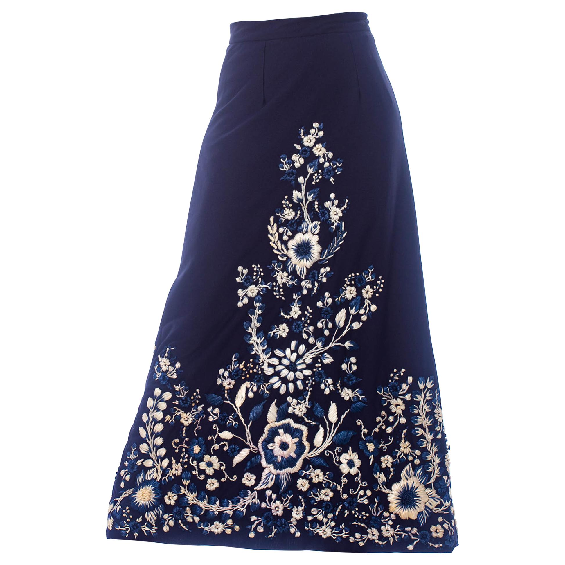 1970S Blue 
White Polyester Linen Lined Maxi Skirt With Hand Embroidered Raffi