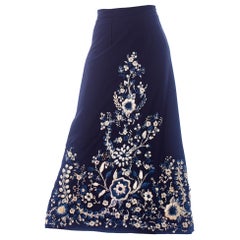 1970S Blue & White Polyester Linen Lined Maxi Skirt With Hand Embroidered Raffi