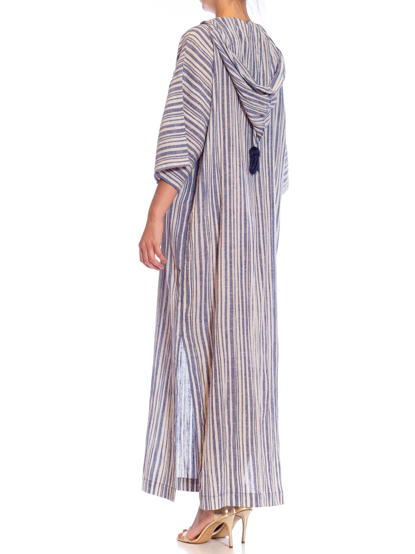 1970S Blue & White Striped Cotton Hodded Kaftan In Excellent Condition For Sale In New York, NY