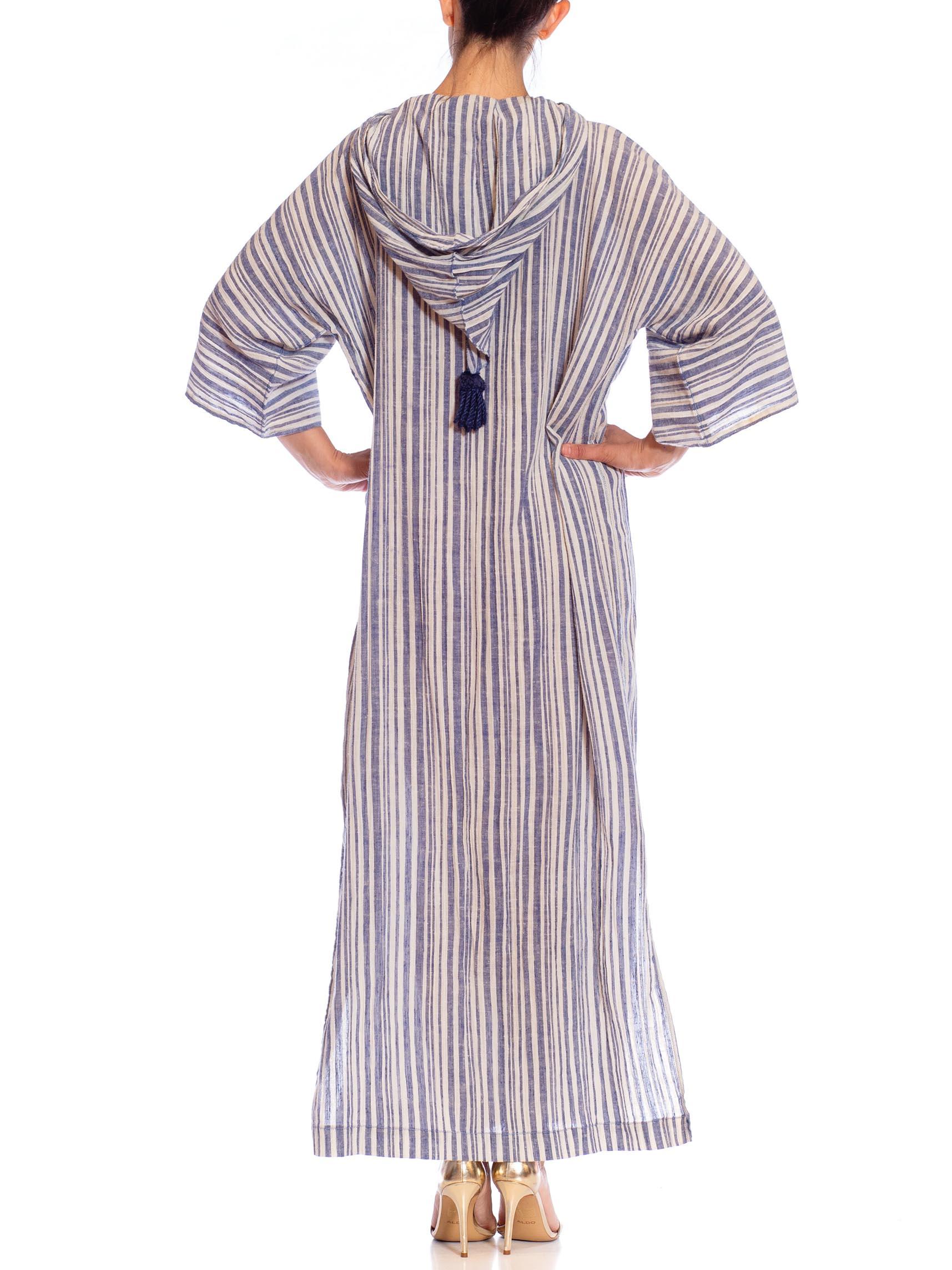 Women's or Men's 1970S Blue & White Striped Cotton Hodded Kaftan For Sale