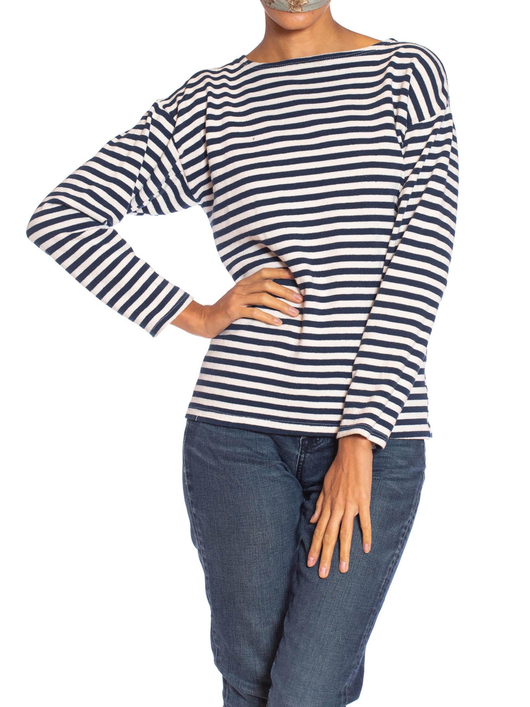 Gray 1970S Blue & White Striped Cotton Knit Authentic French Mariner Sweater For Sale
