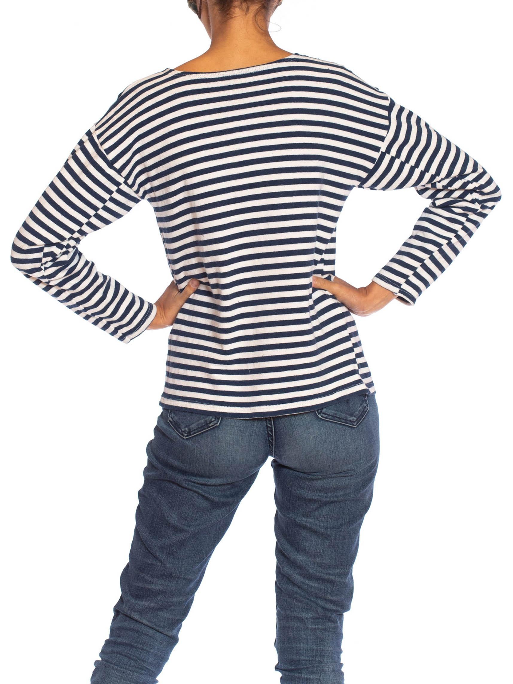 Women's or Men's 1970S Blue & White Striped Cotton Knit Authentic French Mariner Sweater For Sale