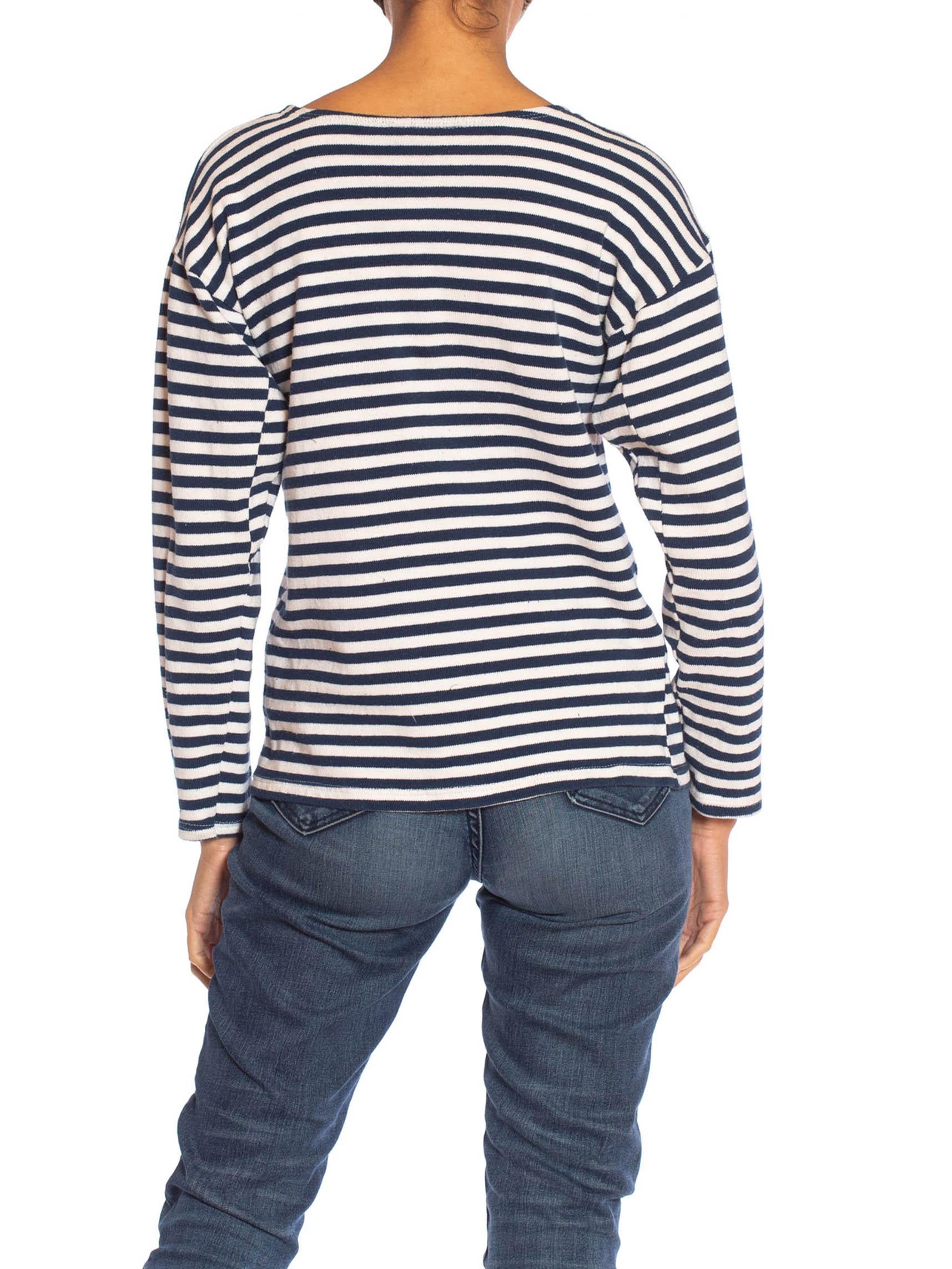1970S Blue & White Striped Cotton Knit Authentic French Mariner Sweater For Sale 1