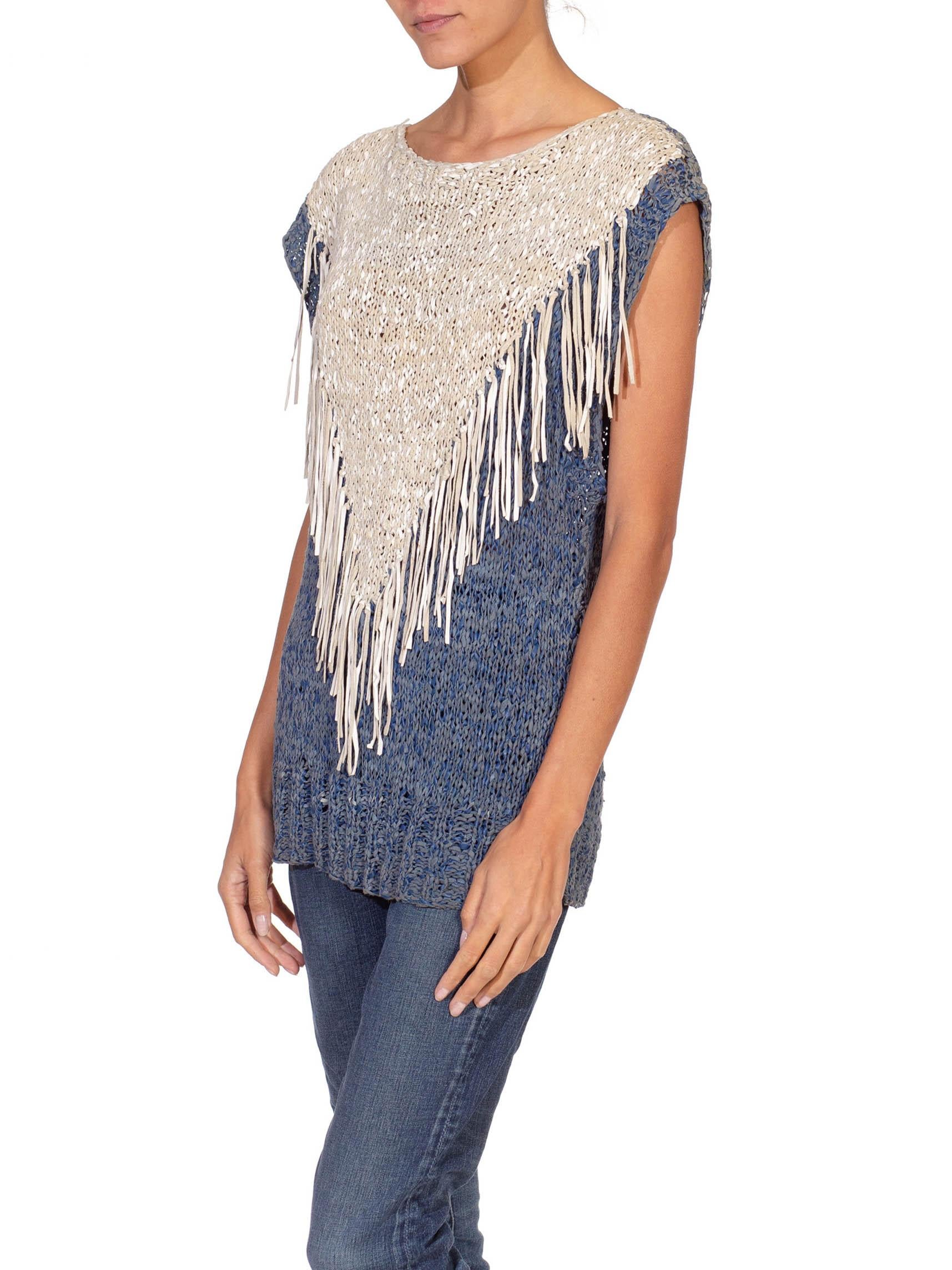 1970S Blue & White Suede Knit Leather Strips Top With Fringe In Excellent Condition For Sale In New York, NY