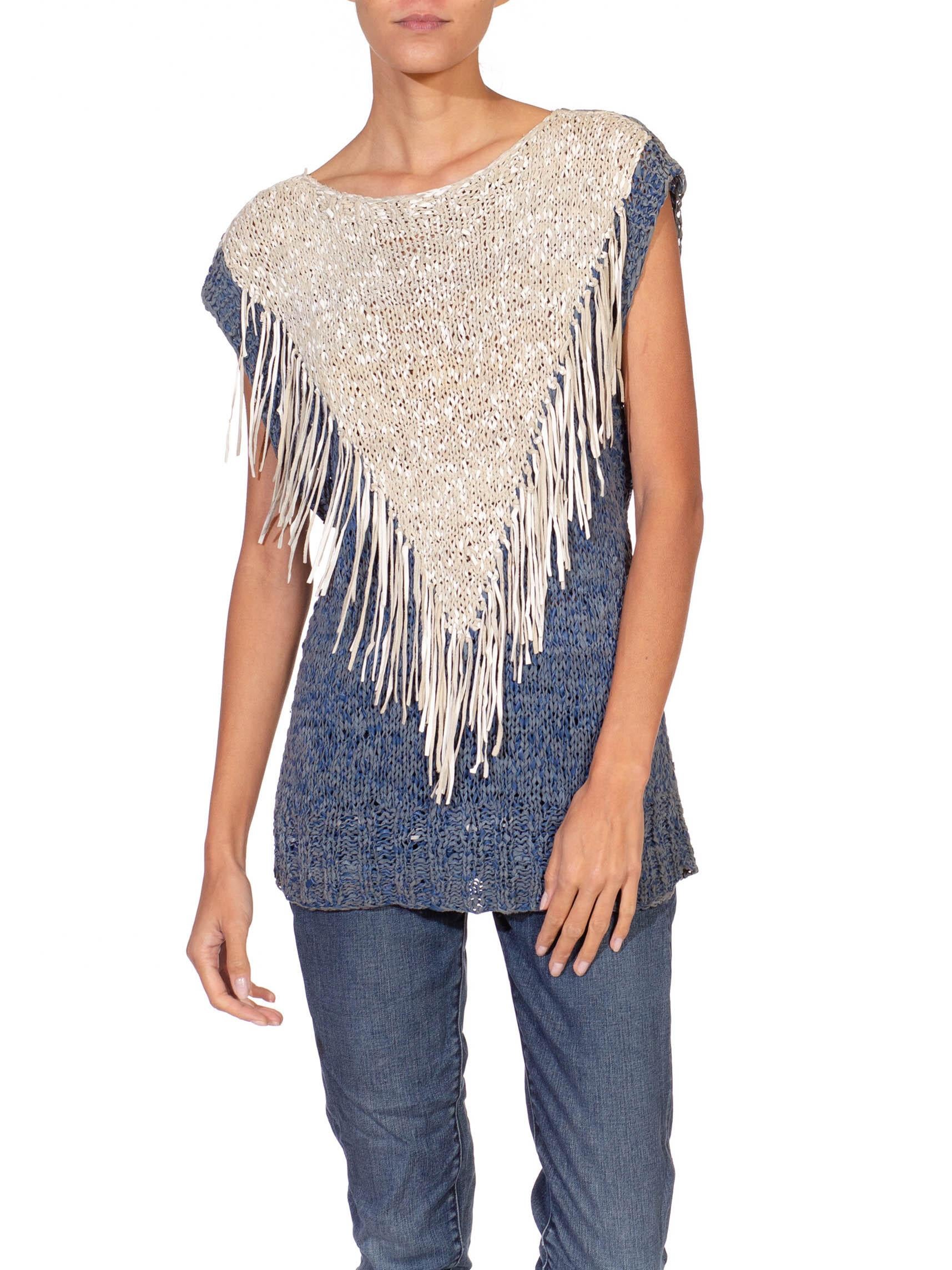 Women's 1970S Blue & White Suede Knit Leather Strips Top With Fringe For Sale