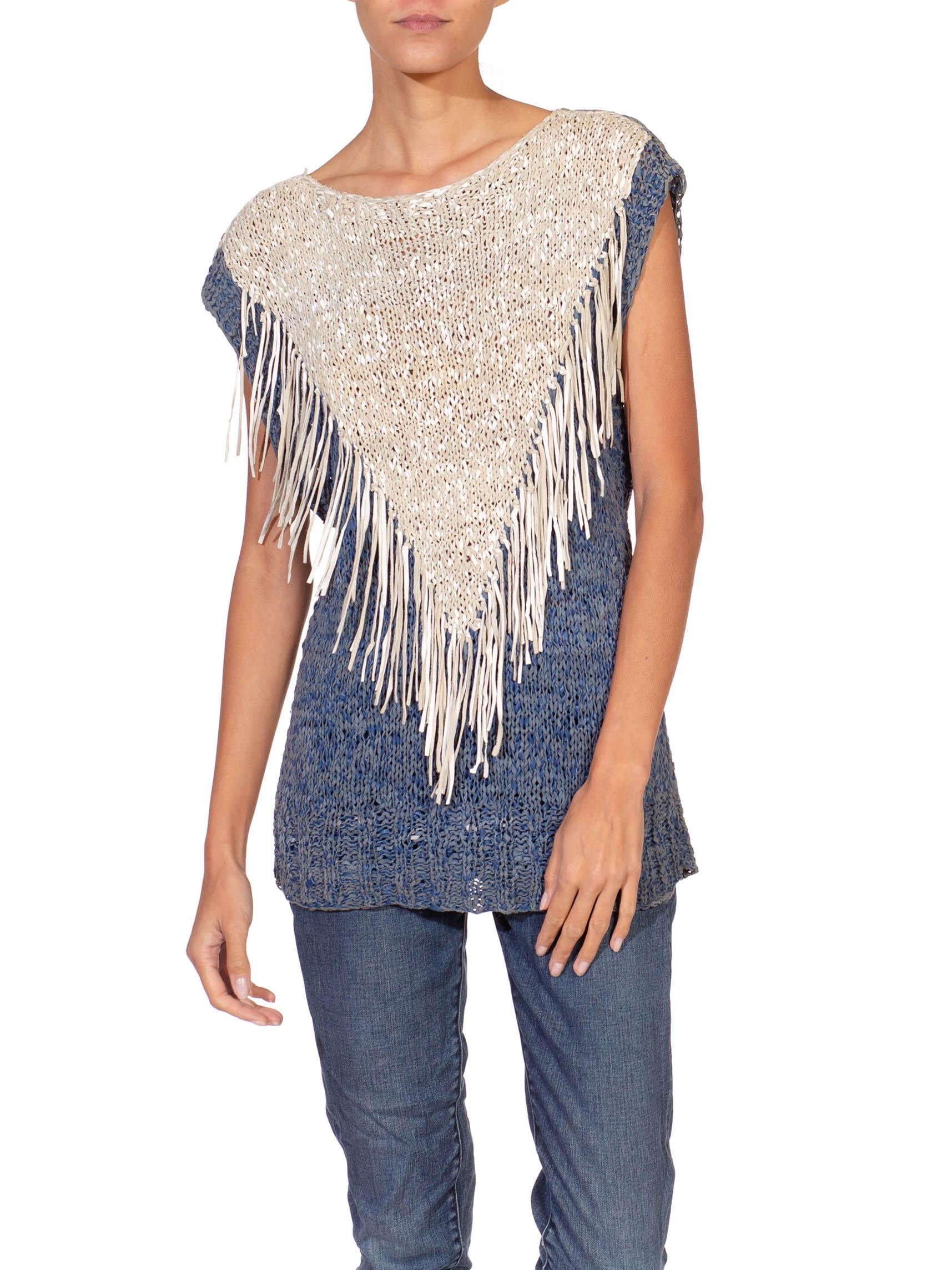 Women's 1970S Blue & White Suede Knit Leather Strips Top With Fringe