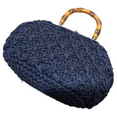 1970s Blue Woven Fabric Brass and Bamboo Italian Top Handle Bag