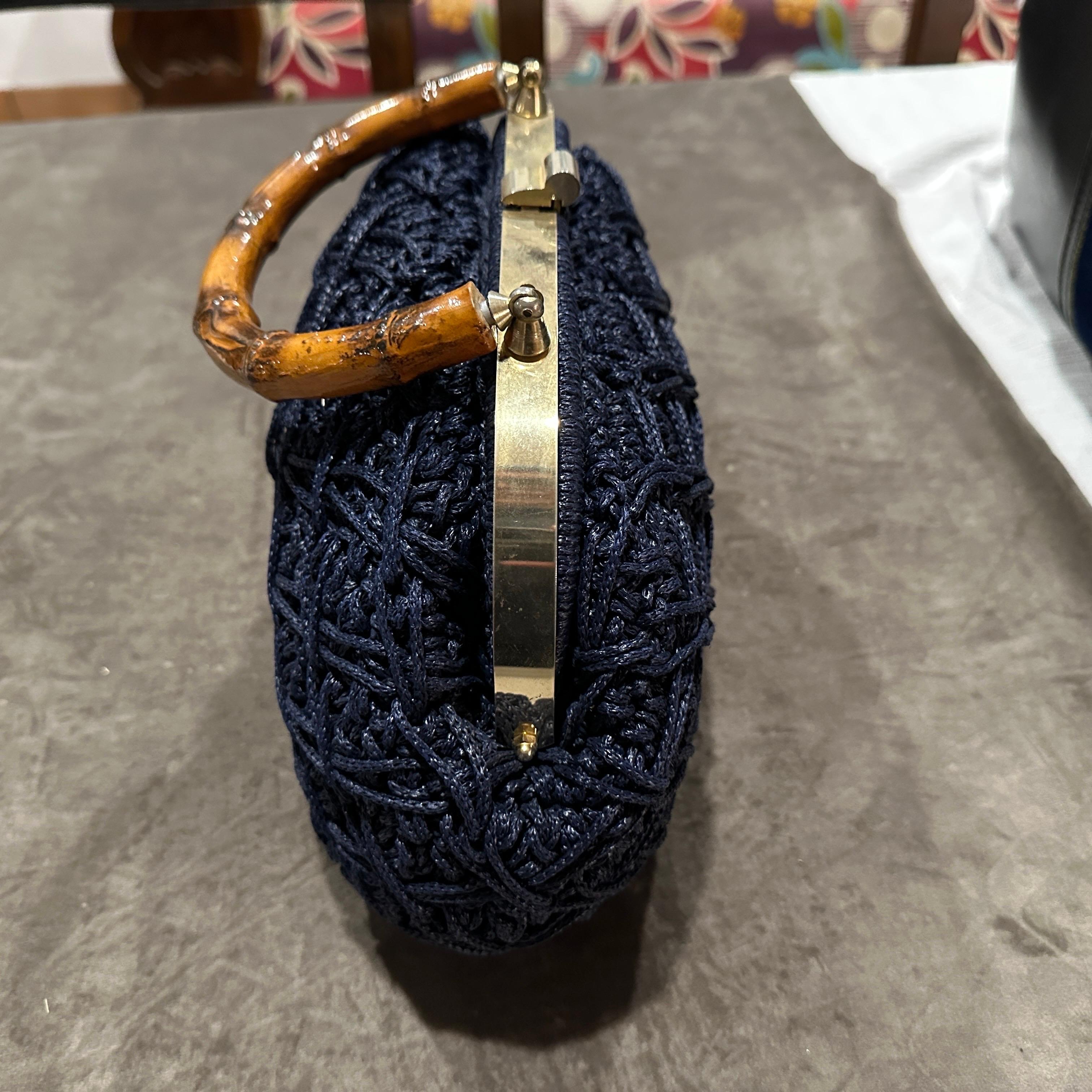 Black 1970s Blue Woven Fabric Brass and Bamboo Italian Top Handle Bag For Sale