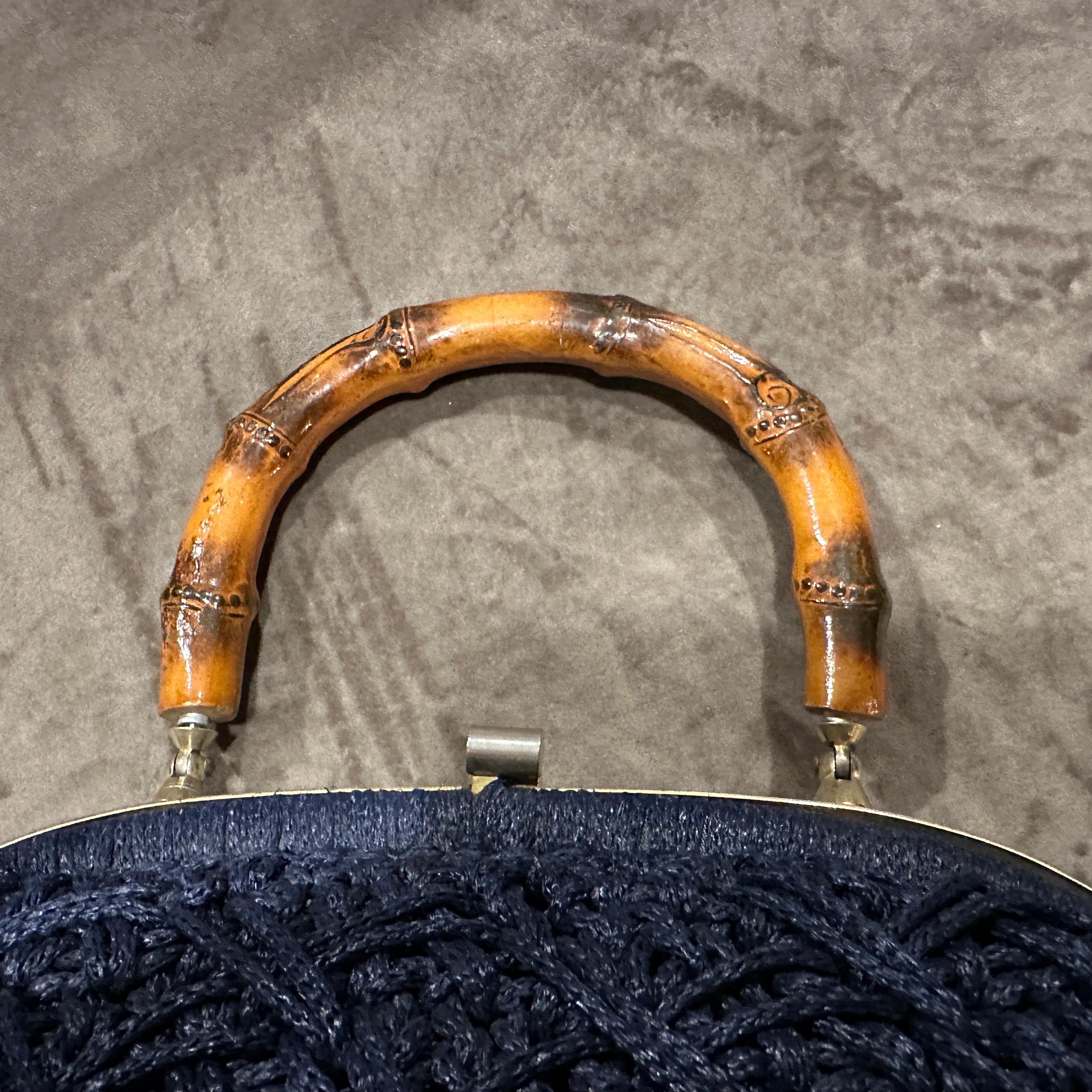 Women's 1970s Blue Woven Fabric Brass and Bamboo Italian Top Handle Bag For Sale