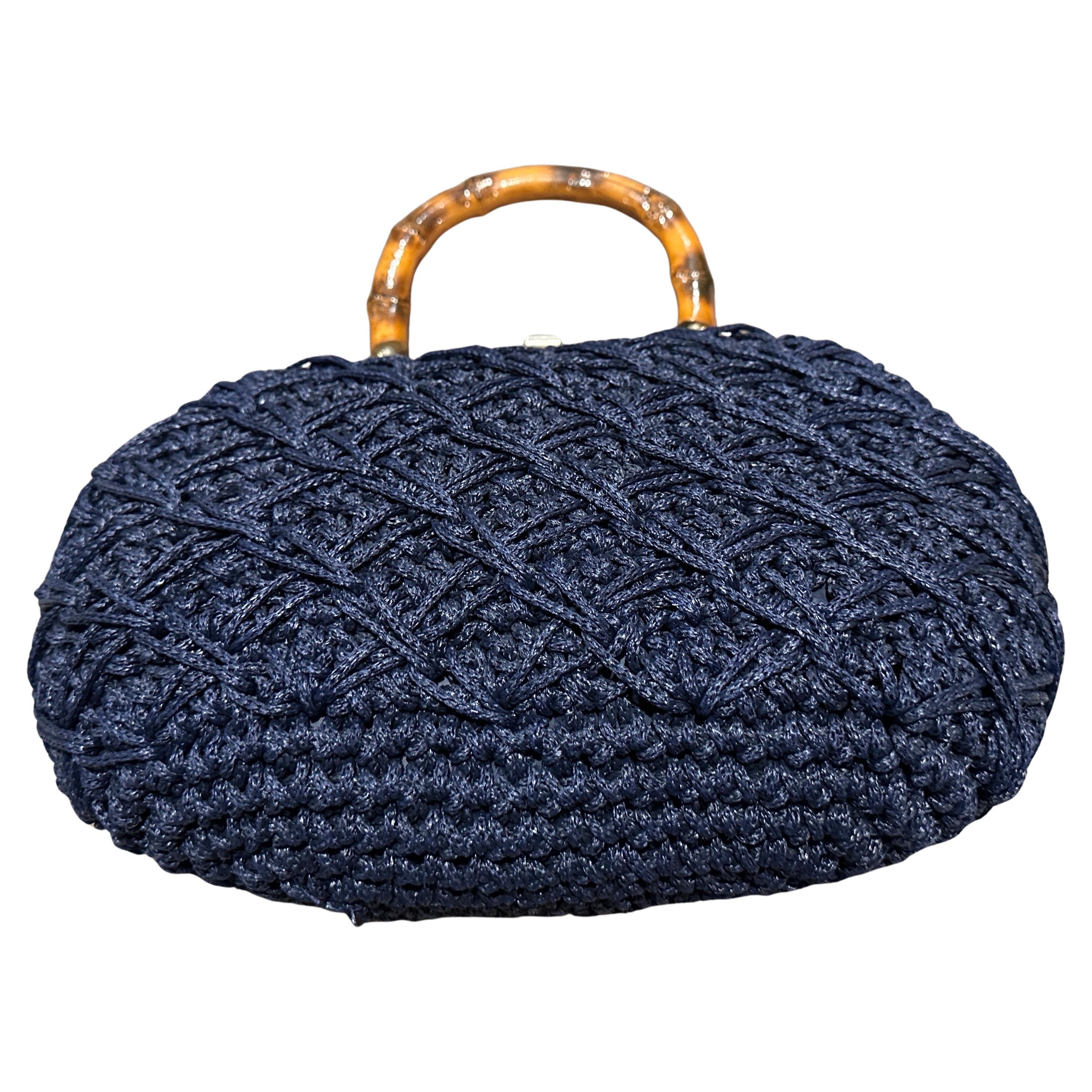1970s Blue Woven Fabric Brass and Bamboo Italian Top Handle Bag For Sale