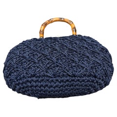 Vintage 1970s Blue Woven Fabric Brass and Bamboo Italian Top Handle Bag
