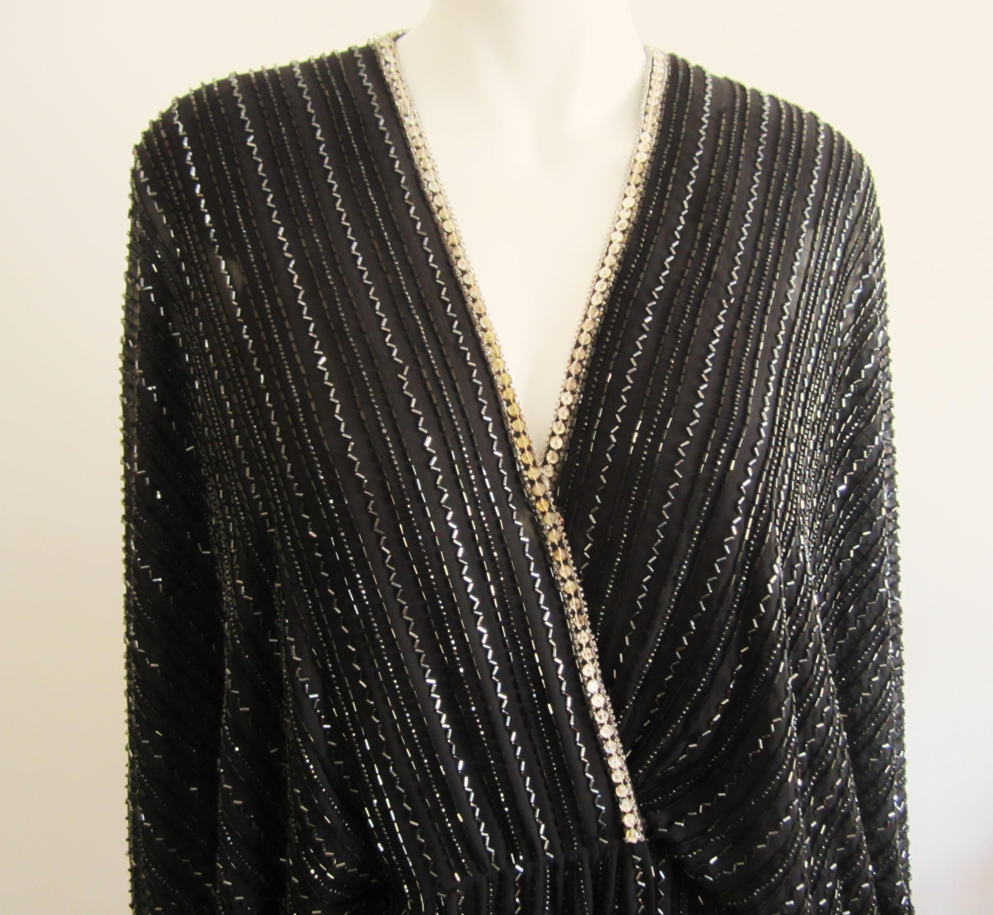 Black 1970s BOB MACKIE Beaded Batwing Gown For Sale