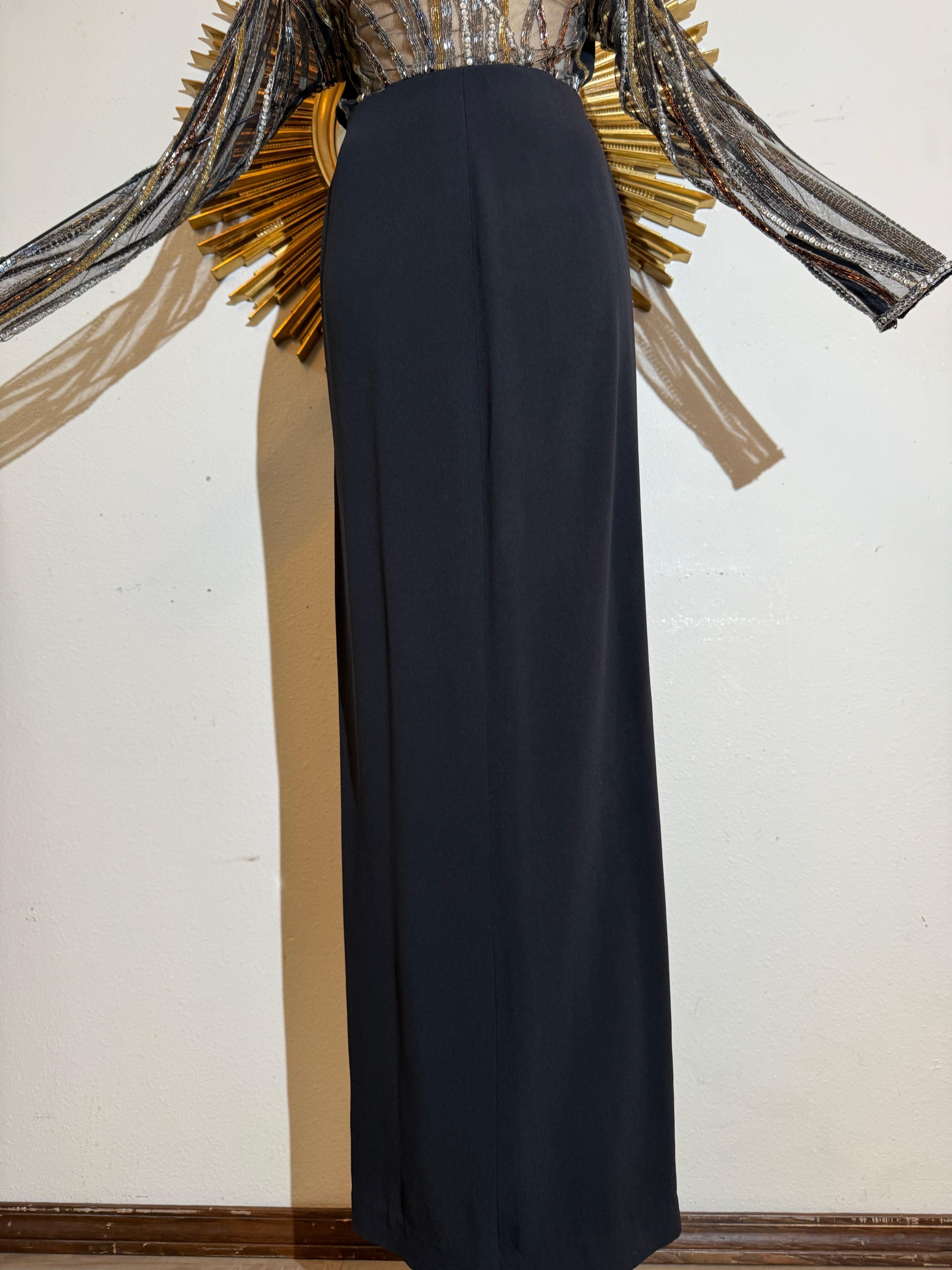 1970s Bob Mackie Black Crepe Column Gown w Glamorous Bugle Bead Streamers en vente 5