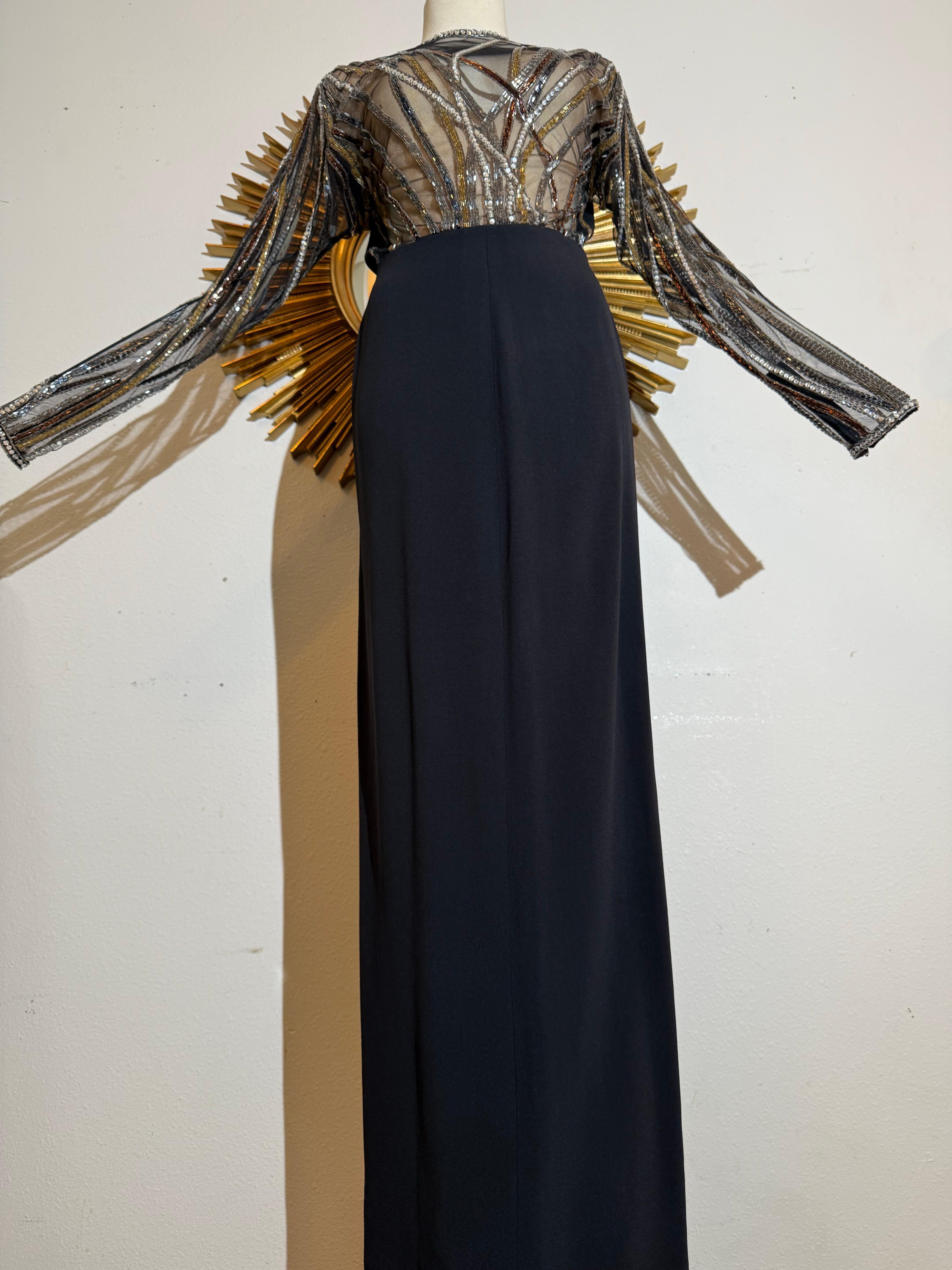 1970s Bob Mackie Black Crepe Column Gown w Glamorous Bugle Bead Streamers en vente 6