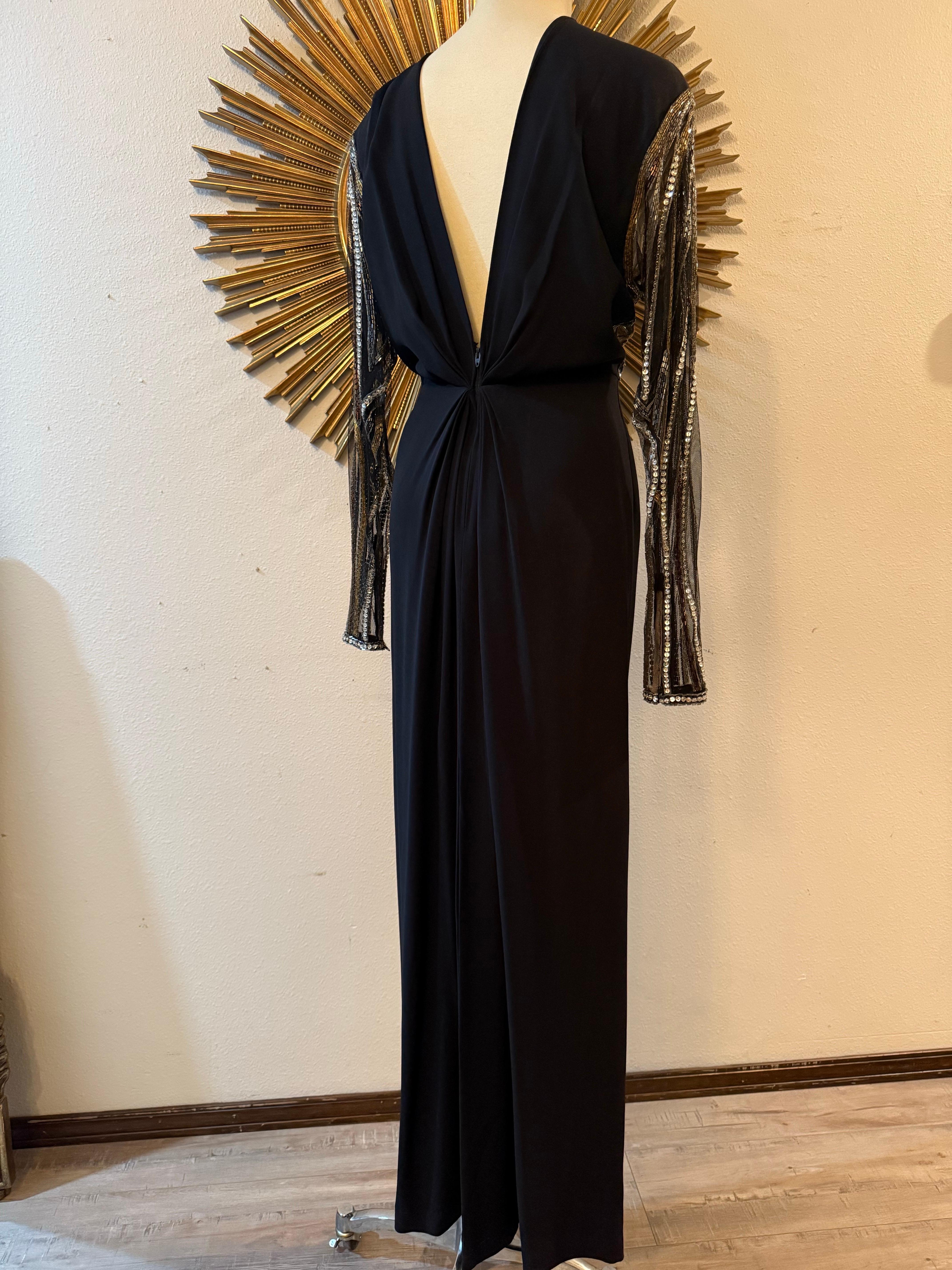 1970s Bob Mackie Black Crepe Column Gown w Glamorous Bugle Bead Streamers en vente 12