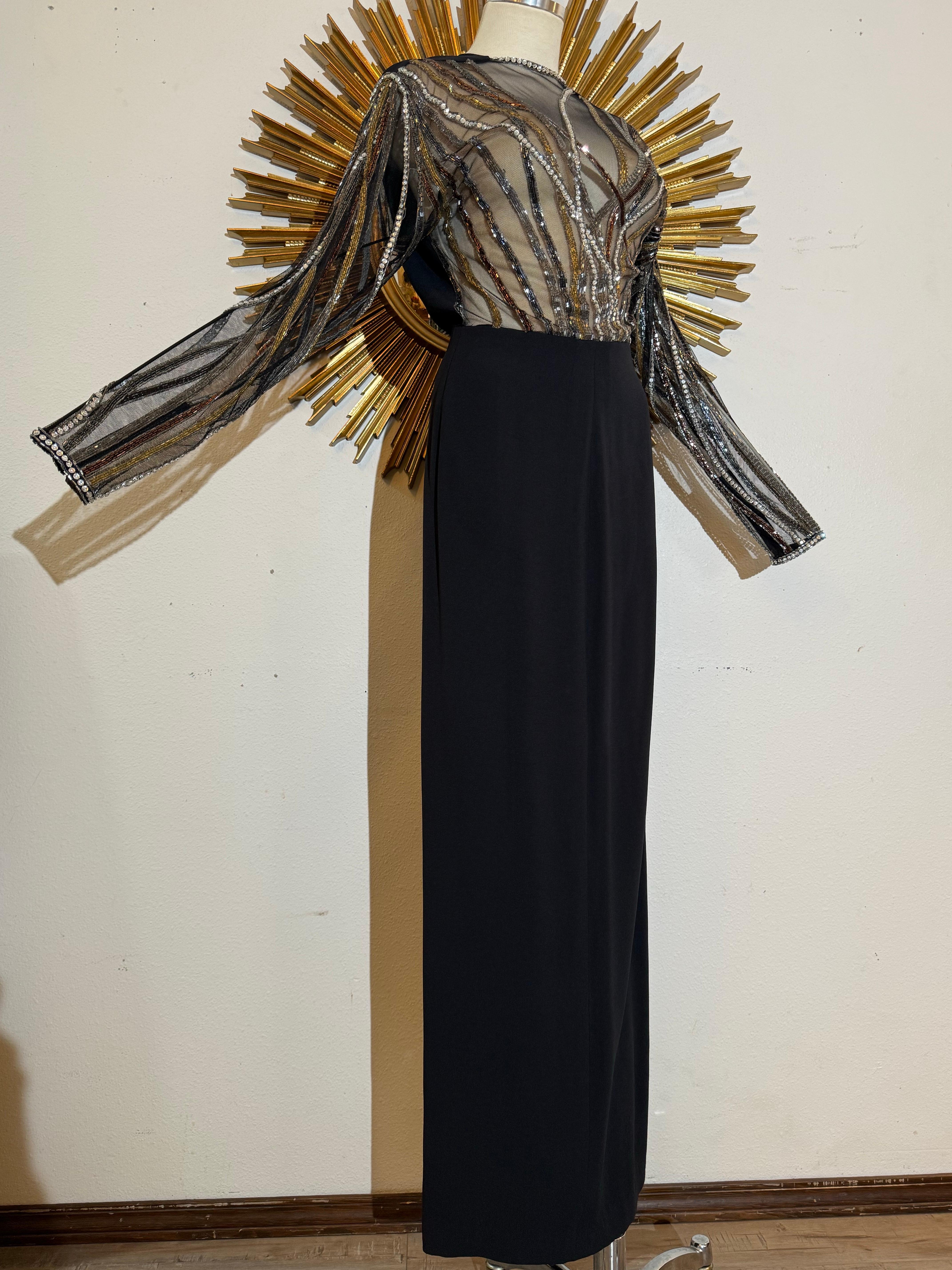 Noir 1970s Bob Mackie Black Crepe Column Gown w Glamorous Bugle Bead Streamers en vente