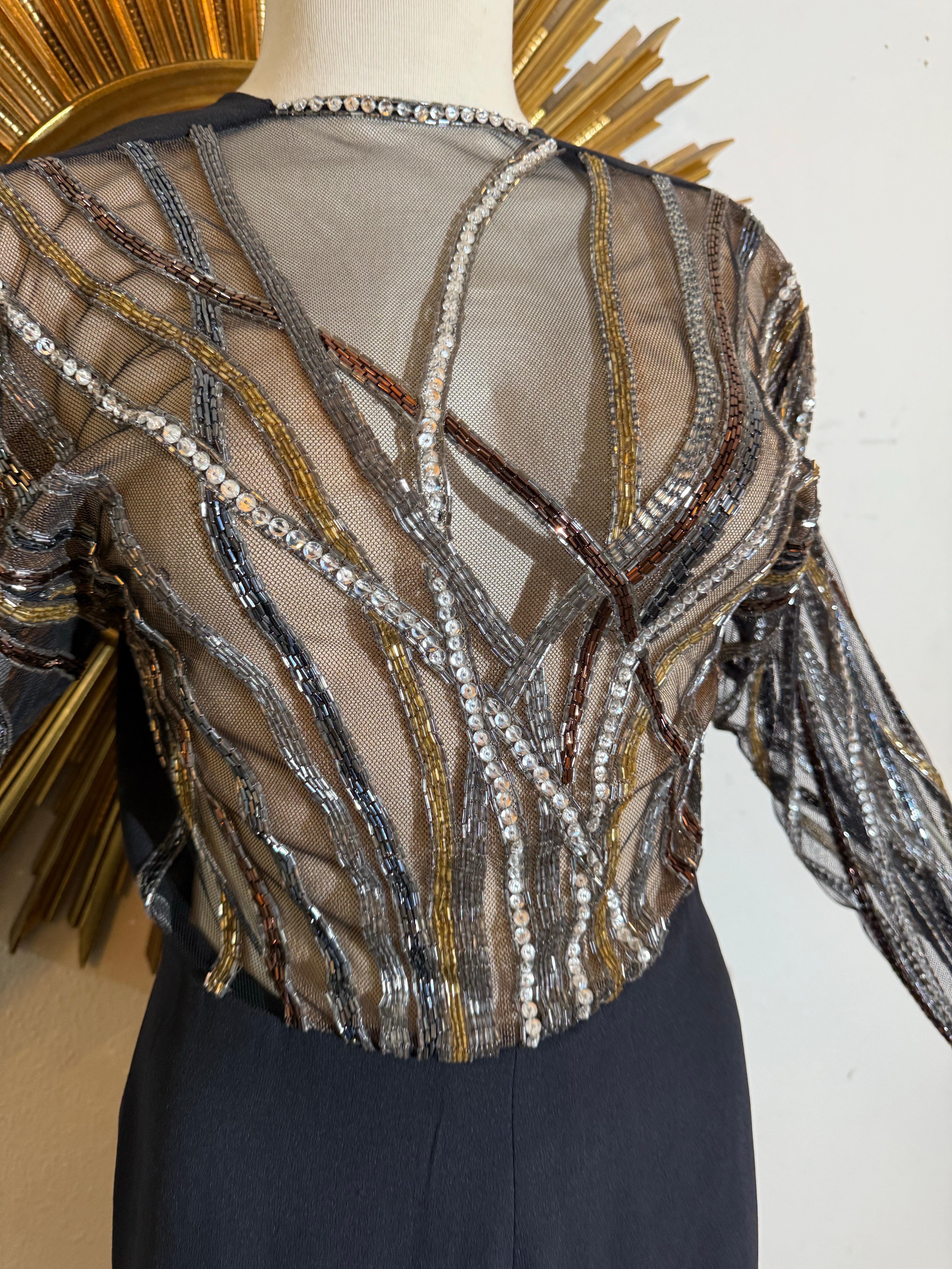 1970s Bob Mackie Black Crepe Column Gown w Glamorous Bugle Bead Streamers Pour femmes en vente