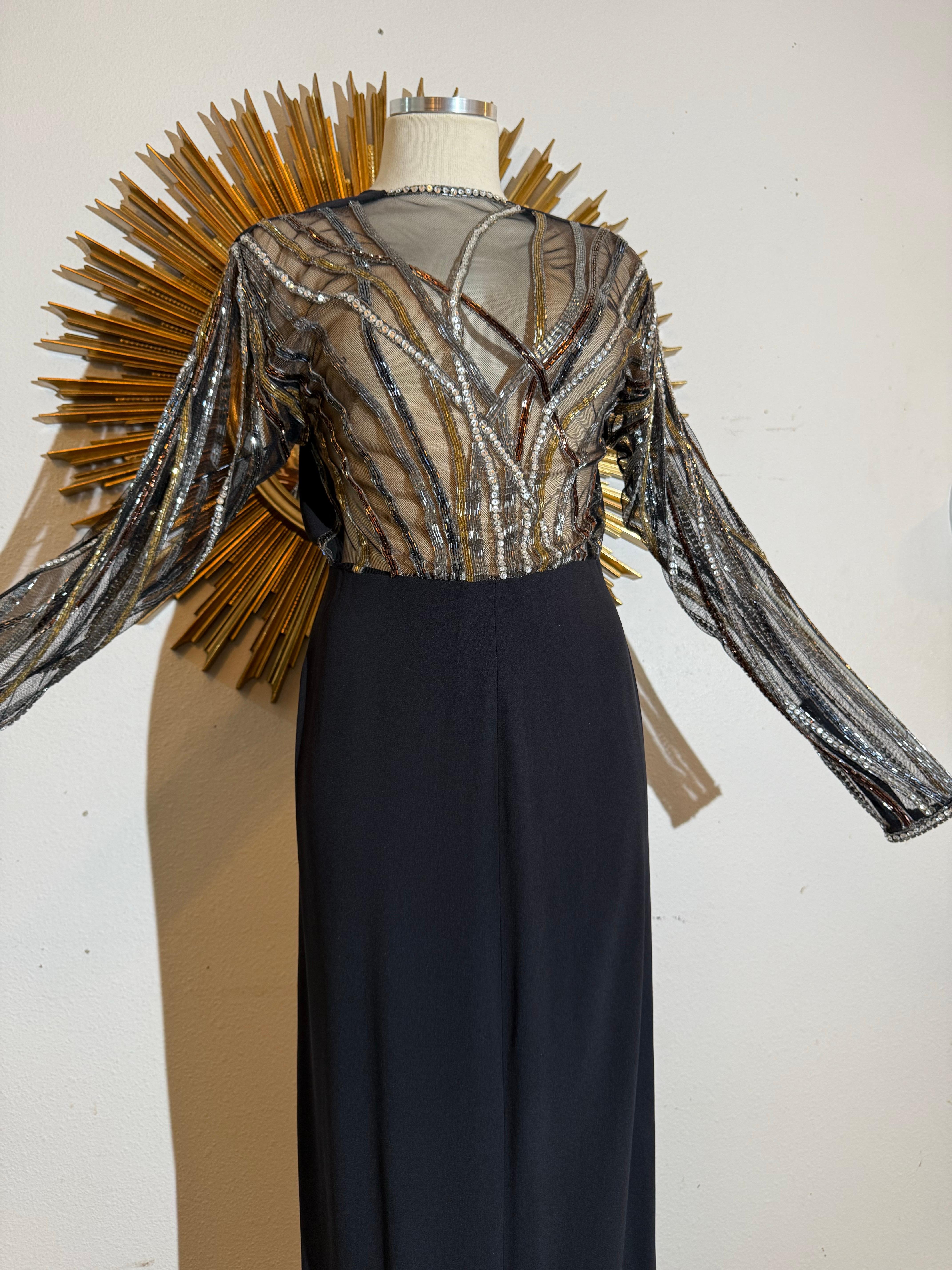 1970s Bob Mackie Black Crepe Column Gown w Glamorous Bugle Bead Streamers en vente 1