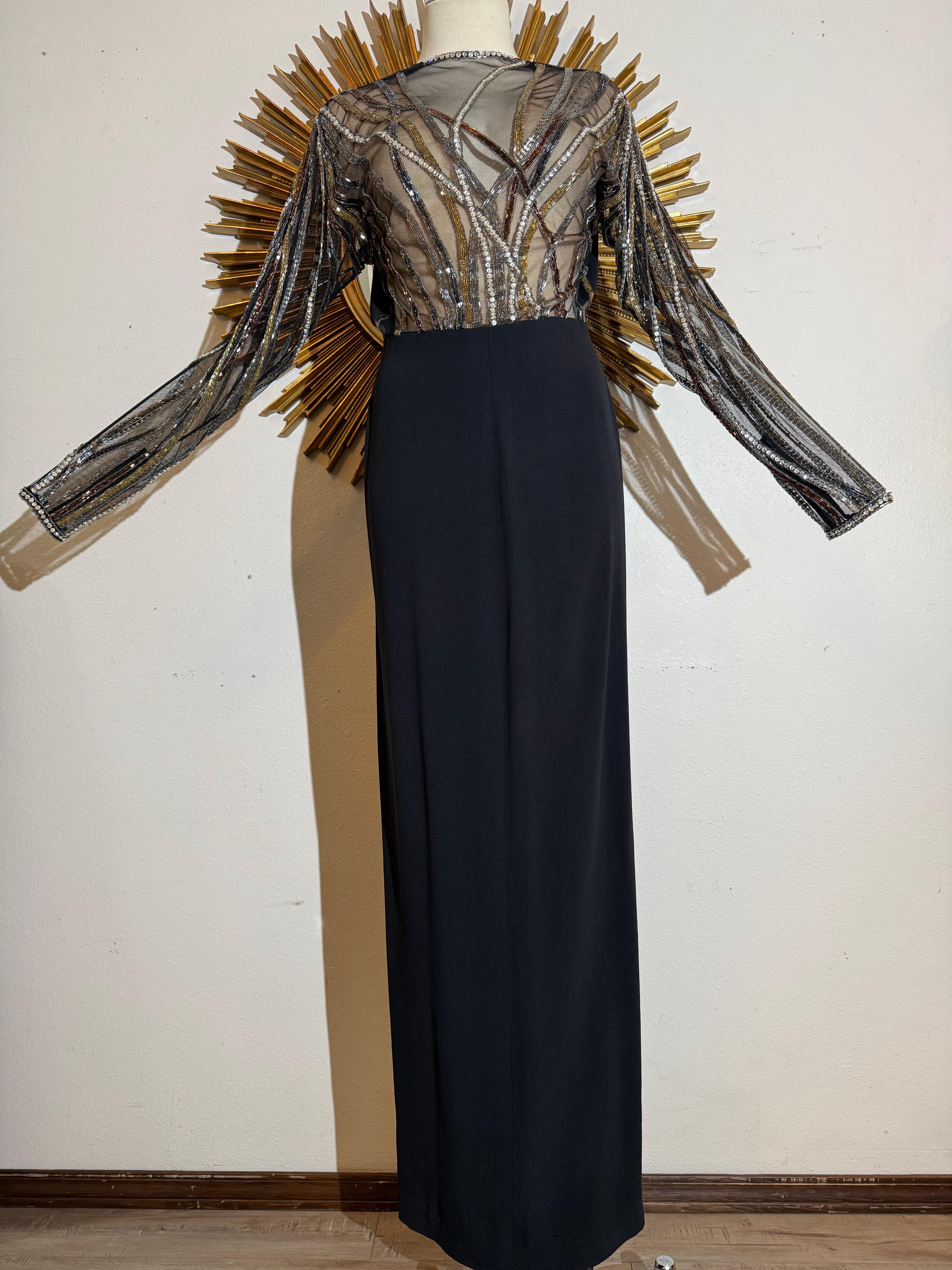 1970s Bob Mackie Black Crepe Column Gown w Glamorous Bugle Bead Streamers en vente 2