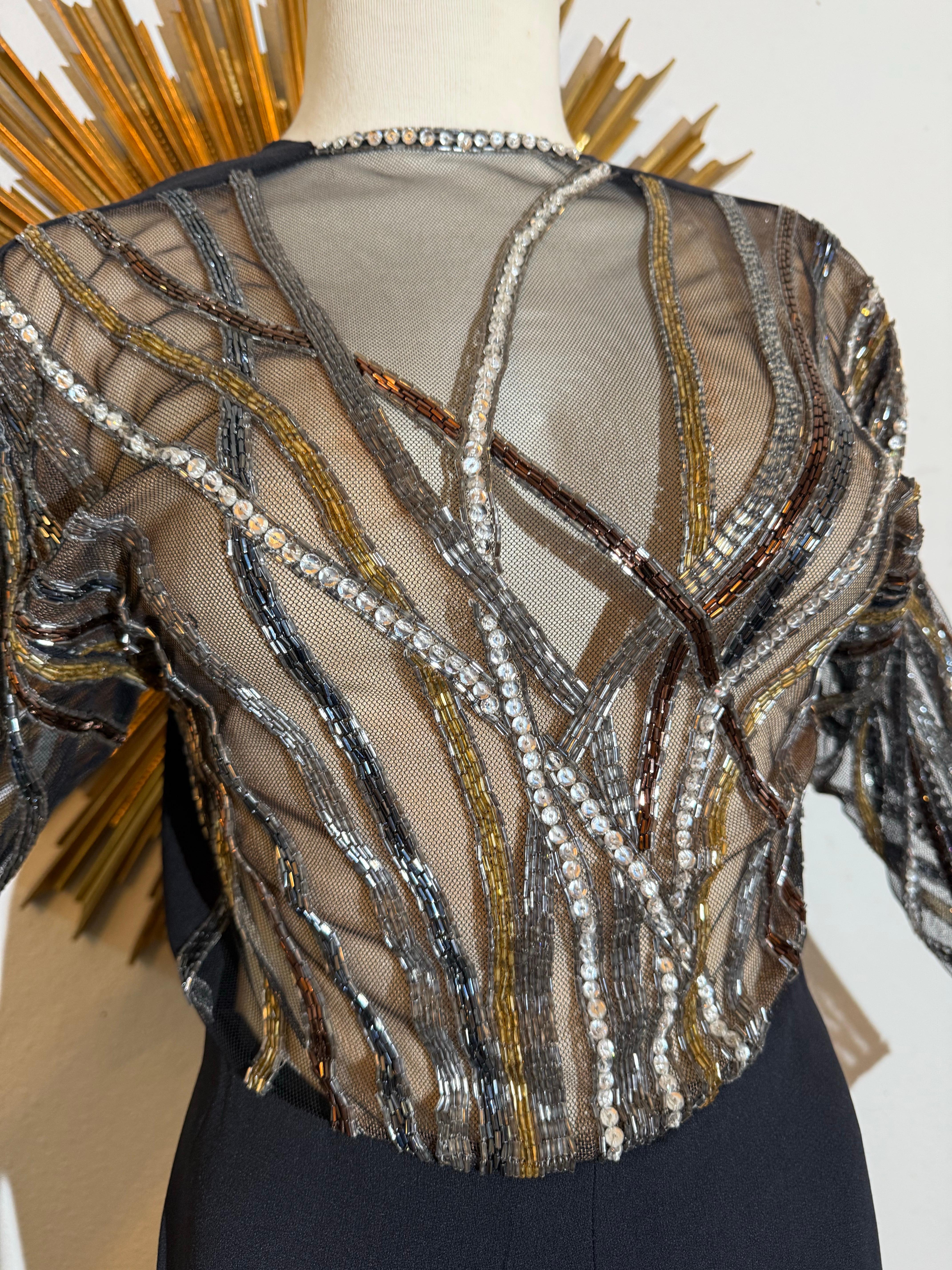 1970s Bob Mackie Black Crepe Column Gown w Glamorous Bugle Bead Streamers en vente 3