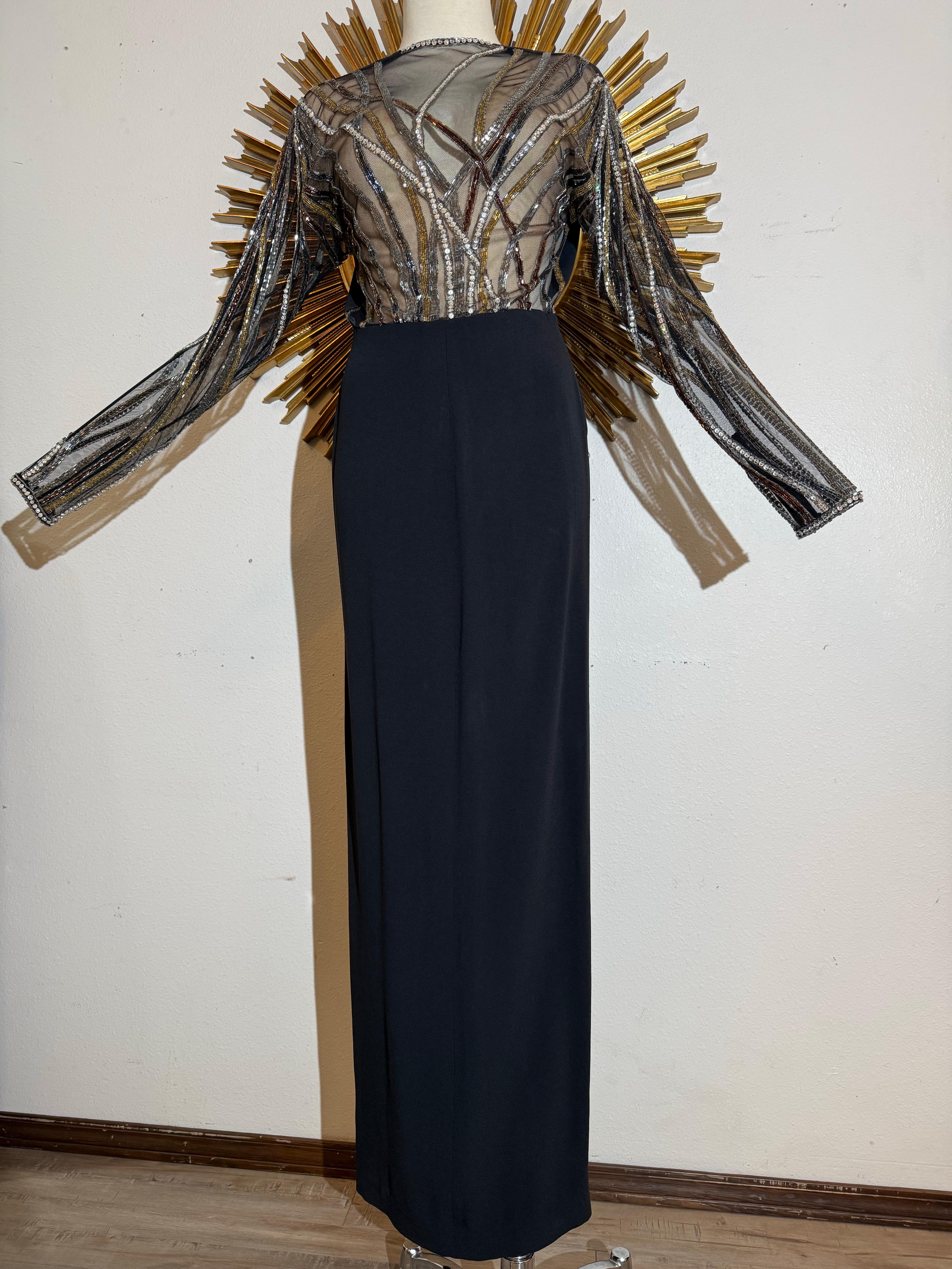 1970s Bob Mackie Black Crepe Column Gown w Glamorous Bugle Bead Streamers en vente 4