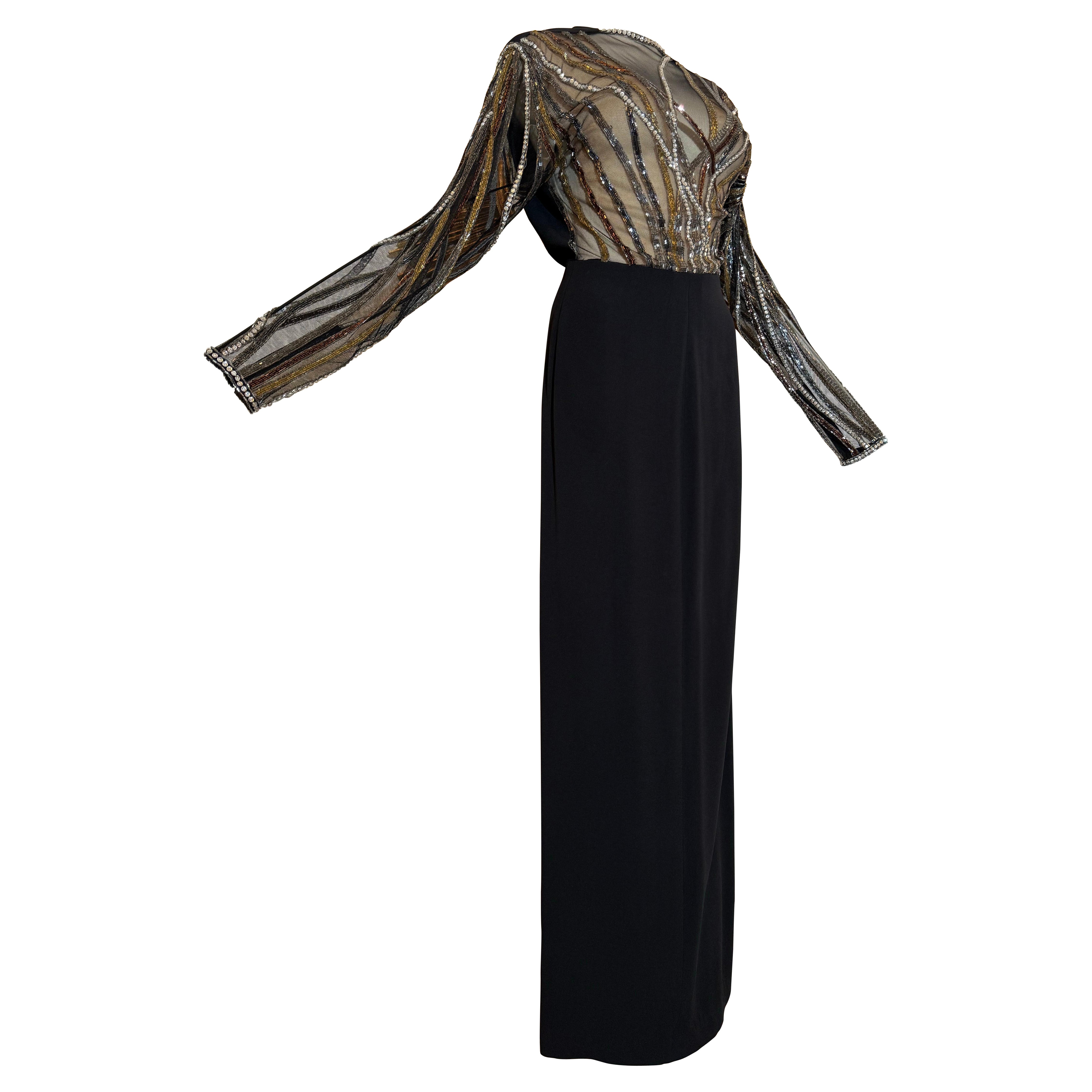 1970s Bob Mackie Black Crepe Column Gown w Glamorous Bugle Bead Streamers