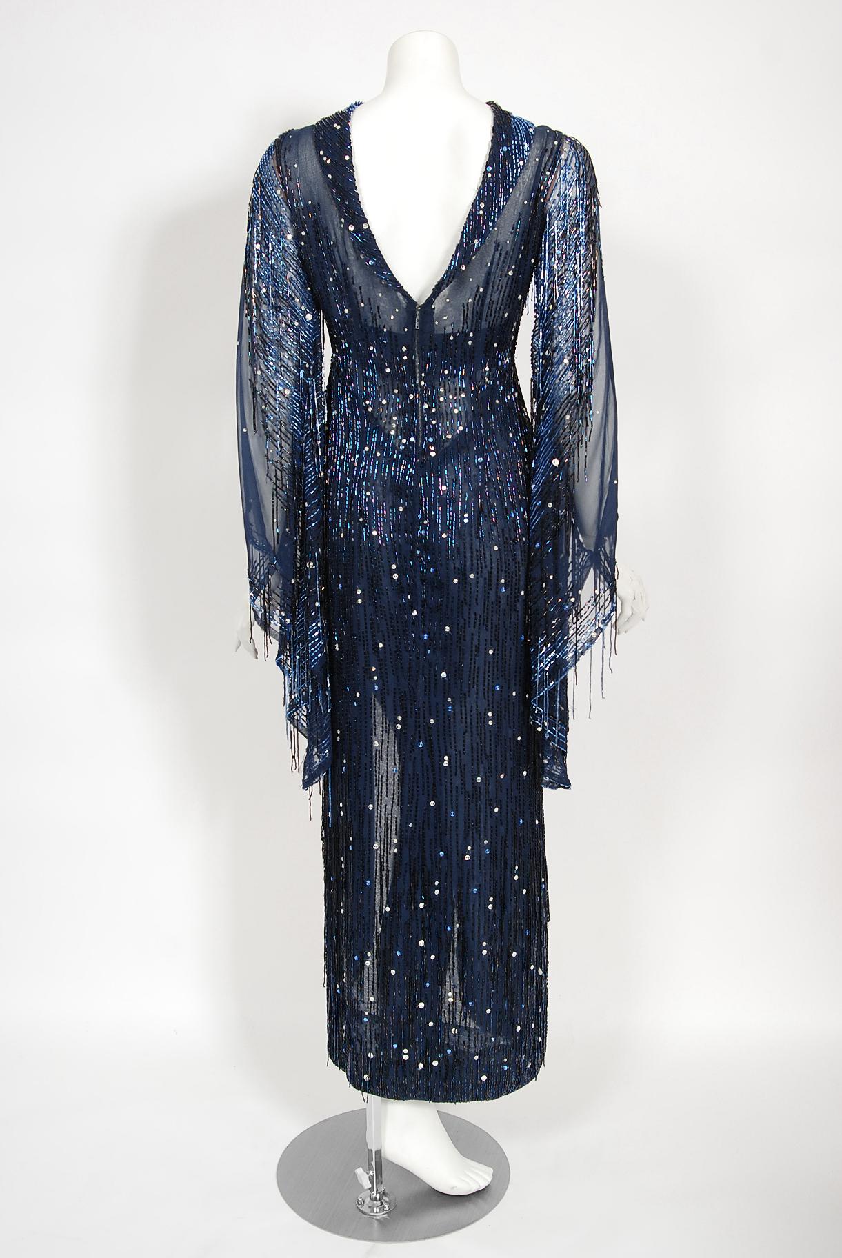 1970's Bob Mackie For Debbie Reynolds Documented Blue Beaded Silk High-Slit Gown 9