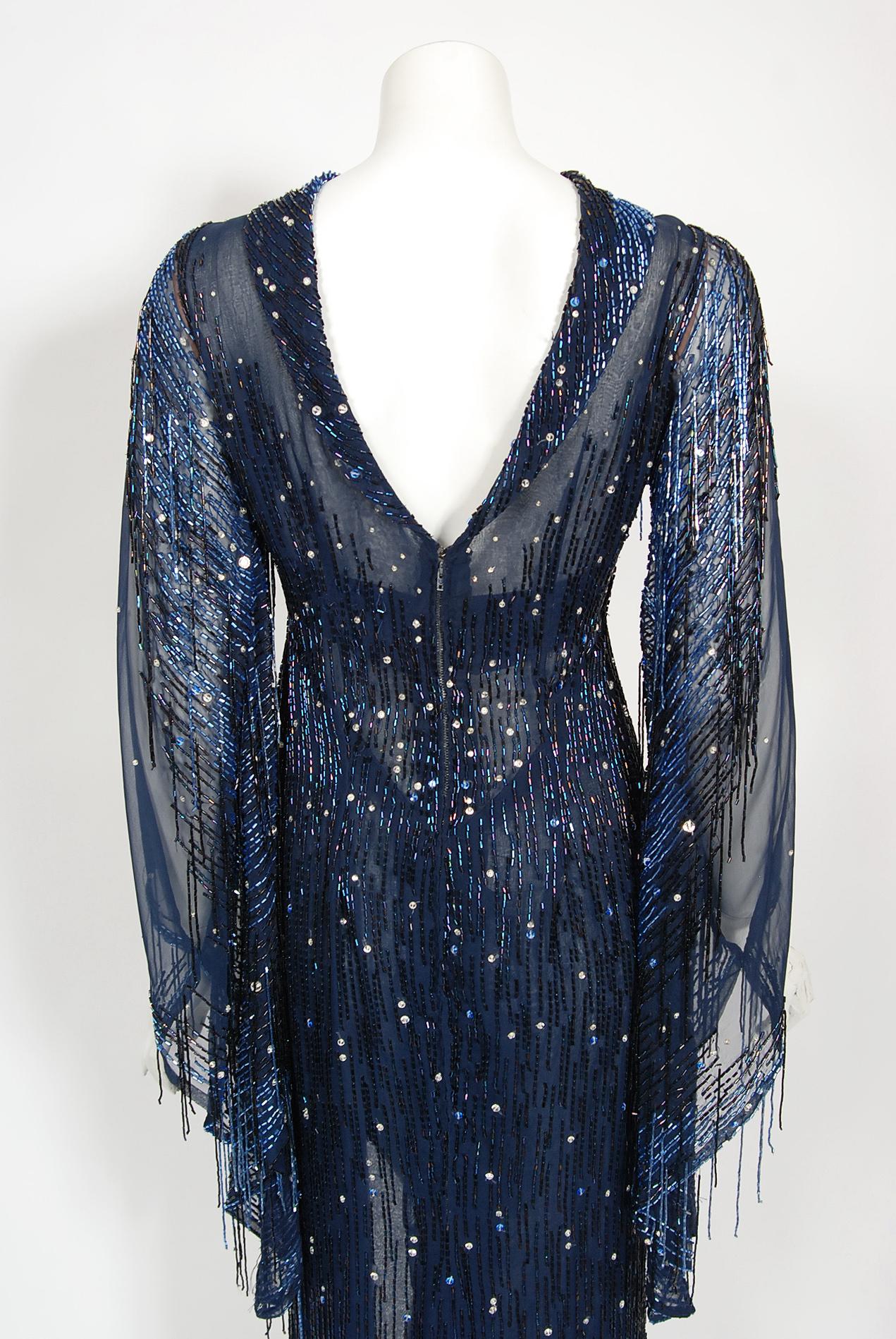 1970 s Bob Mackie For Debbie Reynolds Documented Blue Beaded Silk High 1970 s Bob Mackie For Debbie Reynolds Documented Blue Beaded Silk High