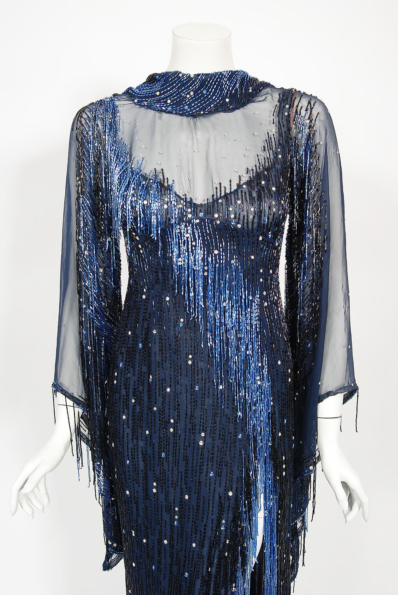 1970's Bob Mackie For Debbie Reynolds Documented Blue Beaded Silk High-Slit Gown In Good Condition In Beverly Hills, CA