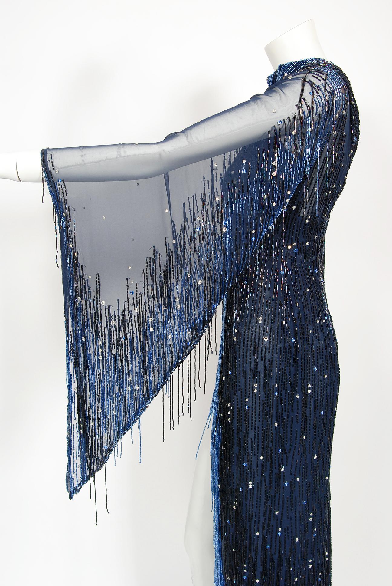 1970 s Bob Mackie For Debbie Reynolds Documented Blue Beaded Silk High 1970 s Bob Mackie For Debbie Reynolds Documented Blue Beaded Silk High