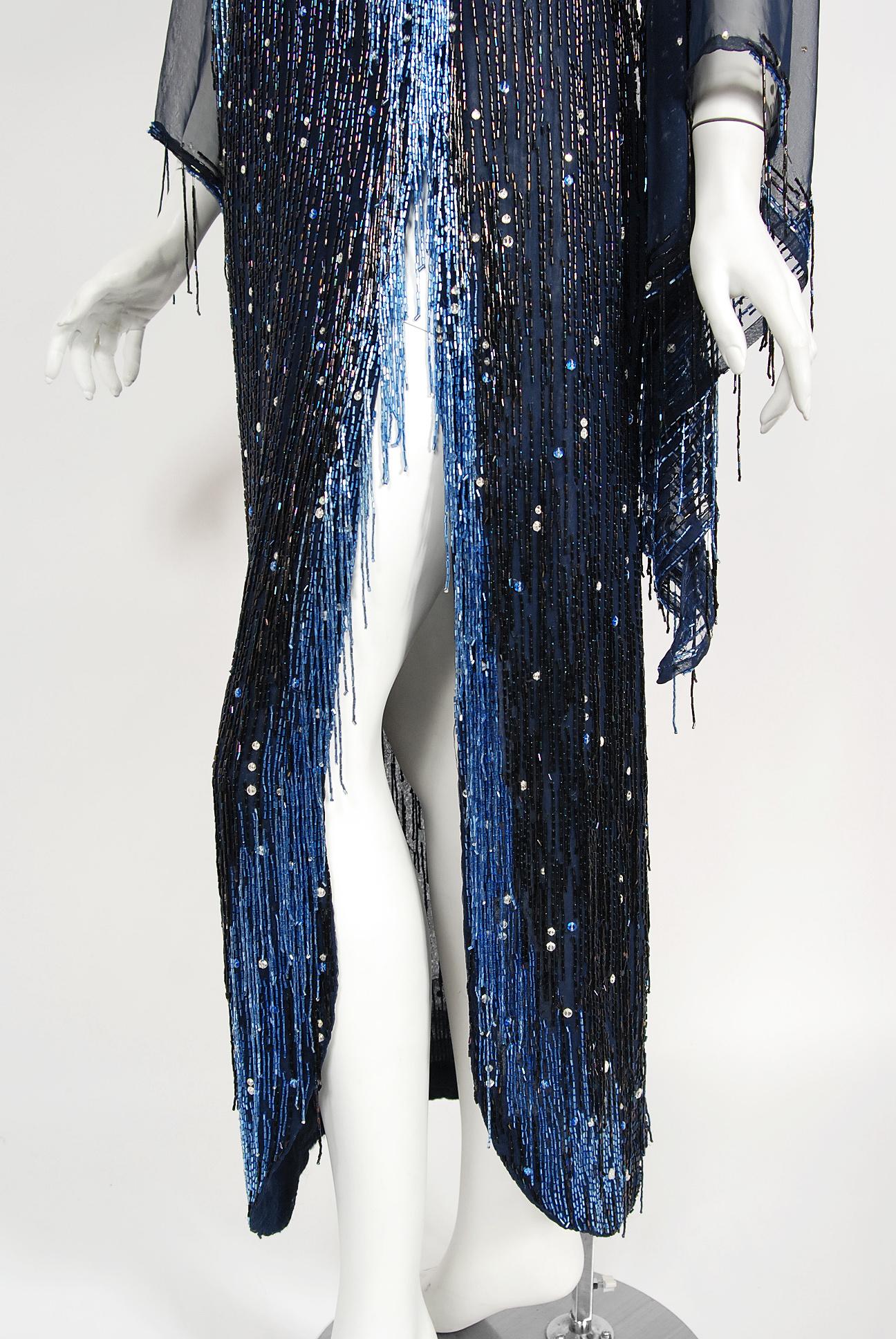 1970's Bob Mackie For Debbie Reynolds Documented Blue Beaded Silk High-Slit Gown 5