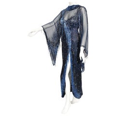 1970's Bob Mackie For Debbie Reynolds Documented Blue Beaded Silk High-Slit Gown
