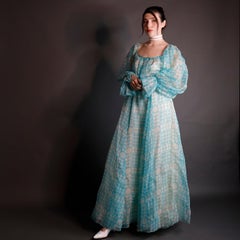 1970s Bob Mackie Ray Aghayan Aqua Blue Dot Organza Maxi Dress w Puff Sleeves