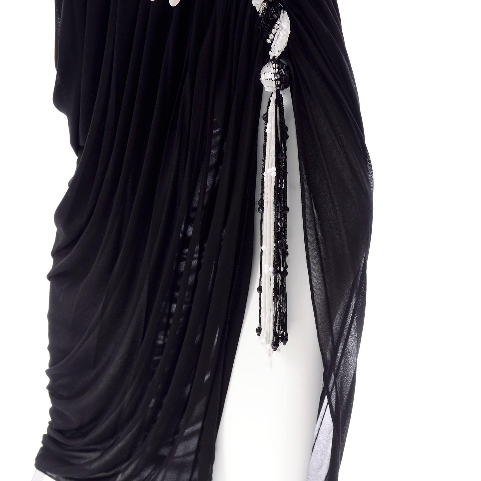 1970s Black Bob Mackie Vintage Silk Beaded Grecian Dress W One Shoulder 5