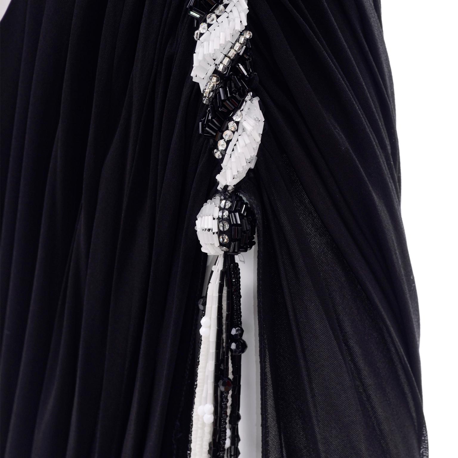 1970s Black Bob Mackie Vintage Silk Beaded Grecian Dress W One Shoulder 6