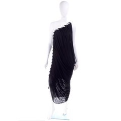 1970s Black Bob Mackie Vintage Silk Beaded Grecian Dress W One Shoulder