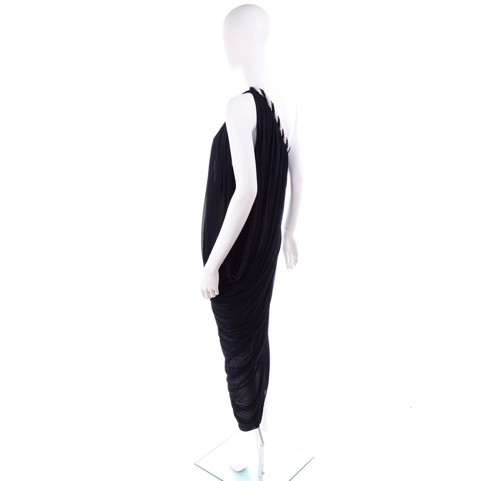 1970s Black Bob Mackie Vintage Silk Beaded Grecian Dress W One Shoulder In Good Condition In Portland, OR