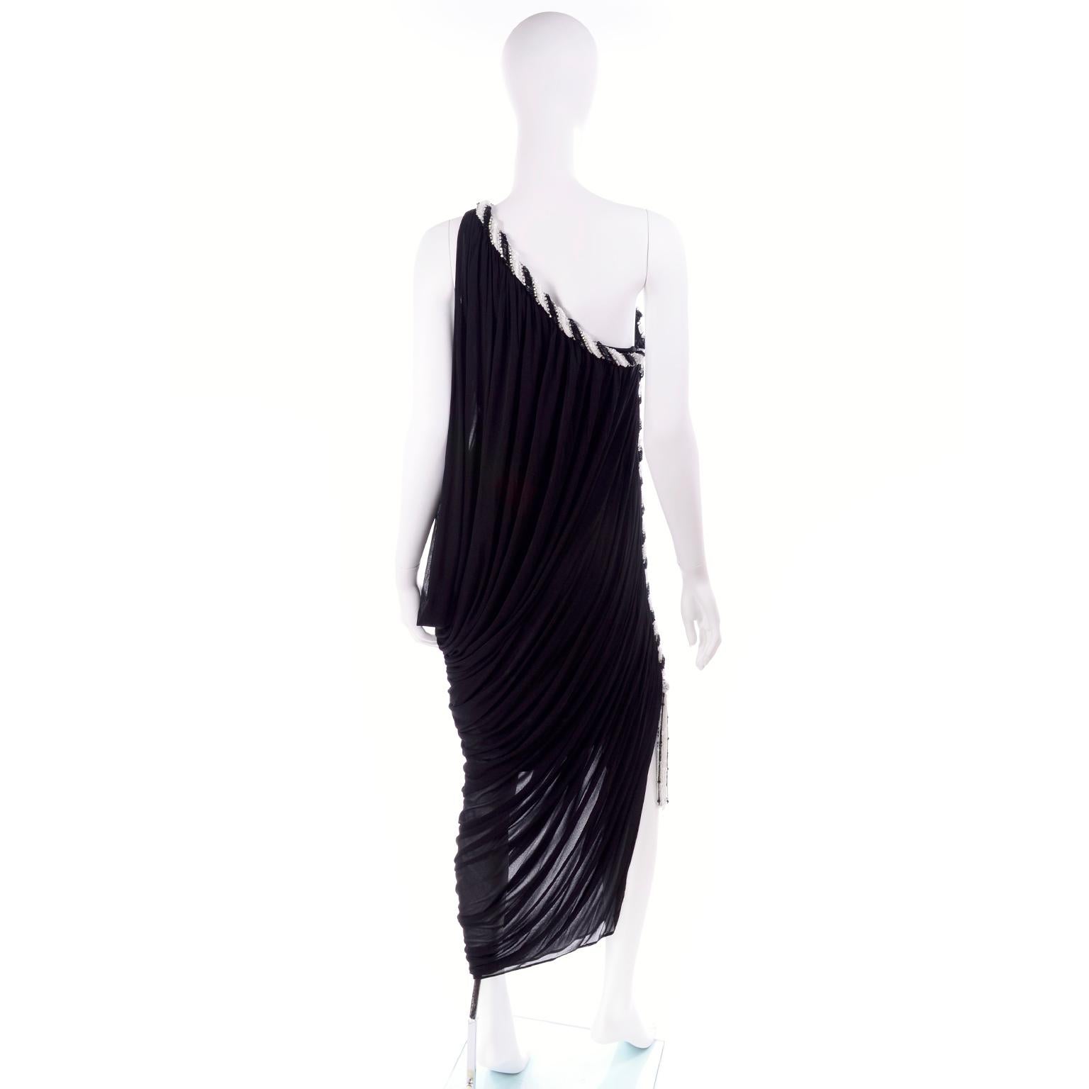 Women's 1970s Black Bob Mackie Vintage Silk Beaded Grecian Dress W One Shoulder