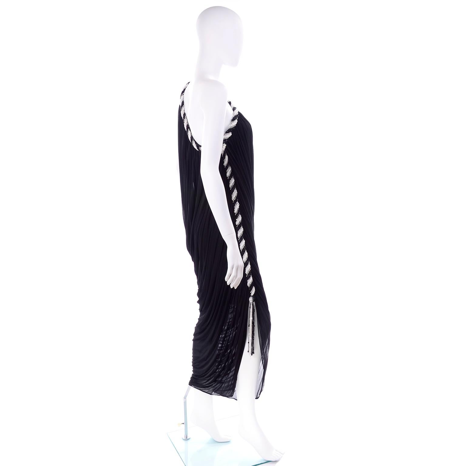 1970s Black Bob Mackie Vintage Silk Beaded Grecian Dress W One Shoulder 1