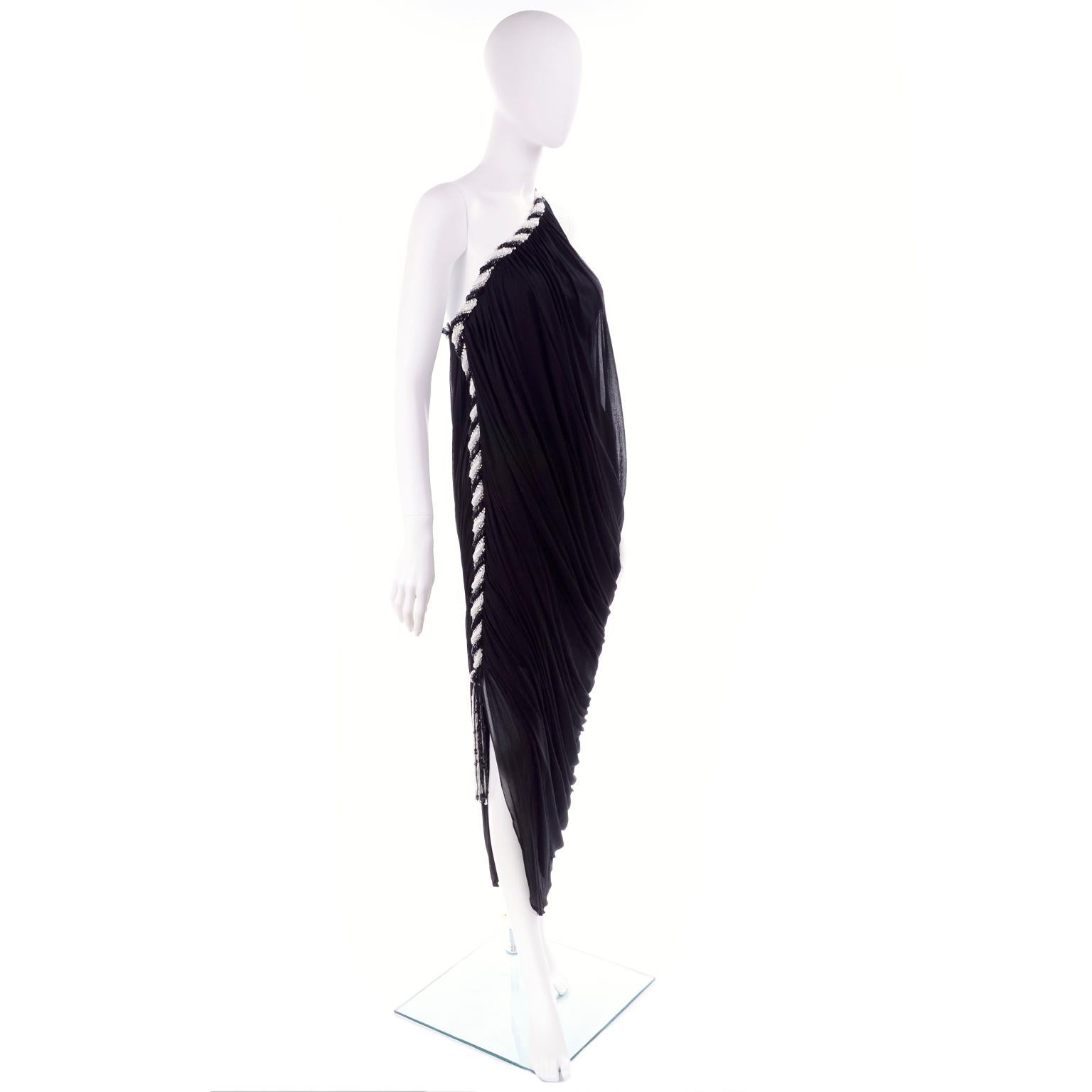 1970s Black Bob Mackie Vintage Silk Beaded Grecian Dress W One Shoulder 2