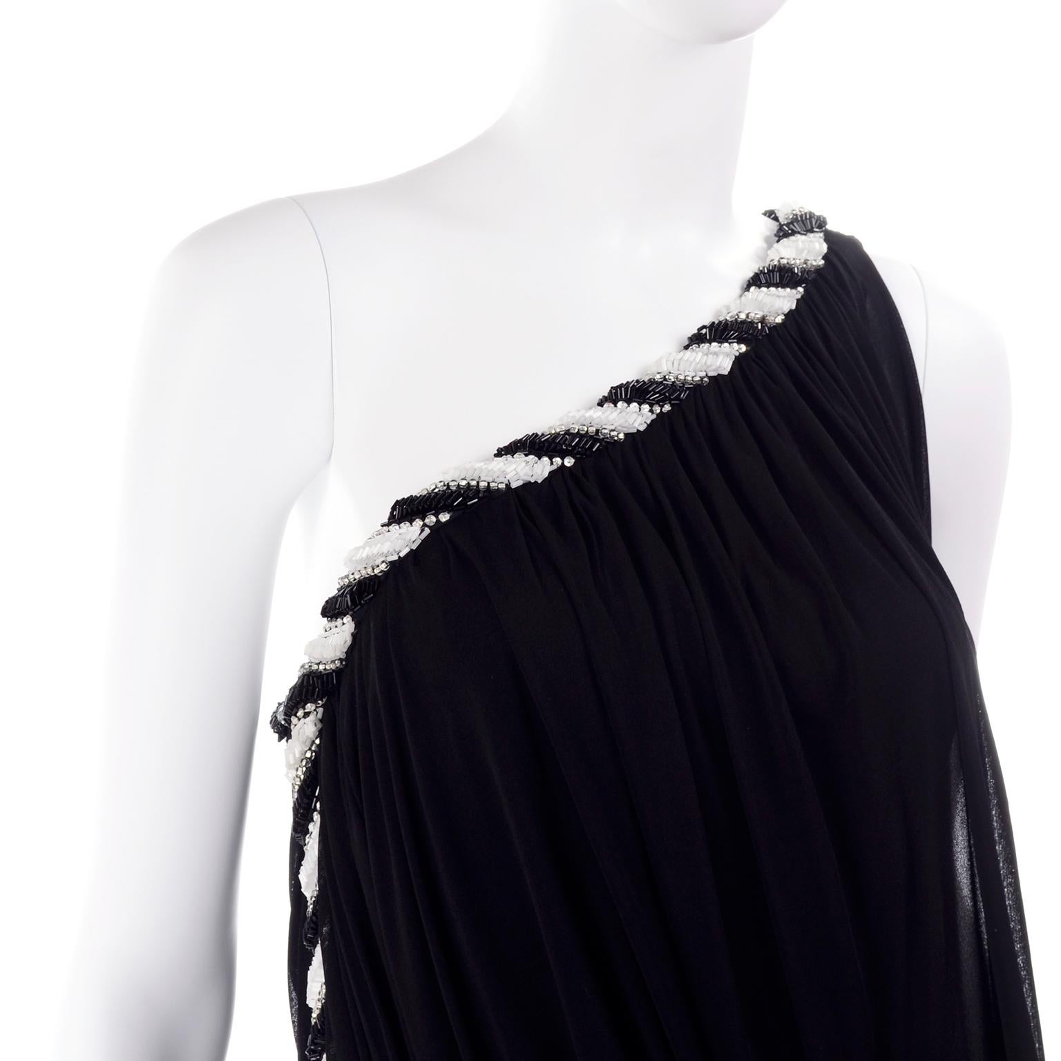 1970s Black Bob Mackie Vintage Silk Beaded Grecian Dress W One Shoulder 3