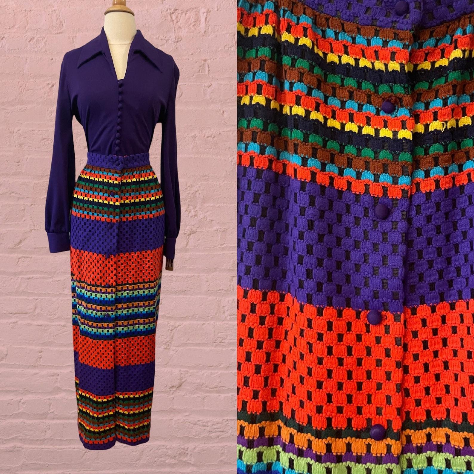 Purple Bodysuit and Rainbow Maxi Skirt 2 Piece Ensemble, Circa 1970s For Sale 5