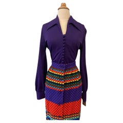 Purple Bodysuit and Rainbow Maxi Skirt 2 Piece Ensemble, Circa 1970s