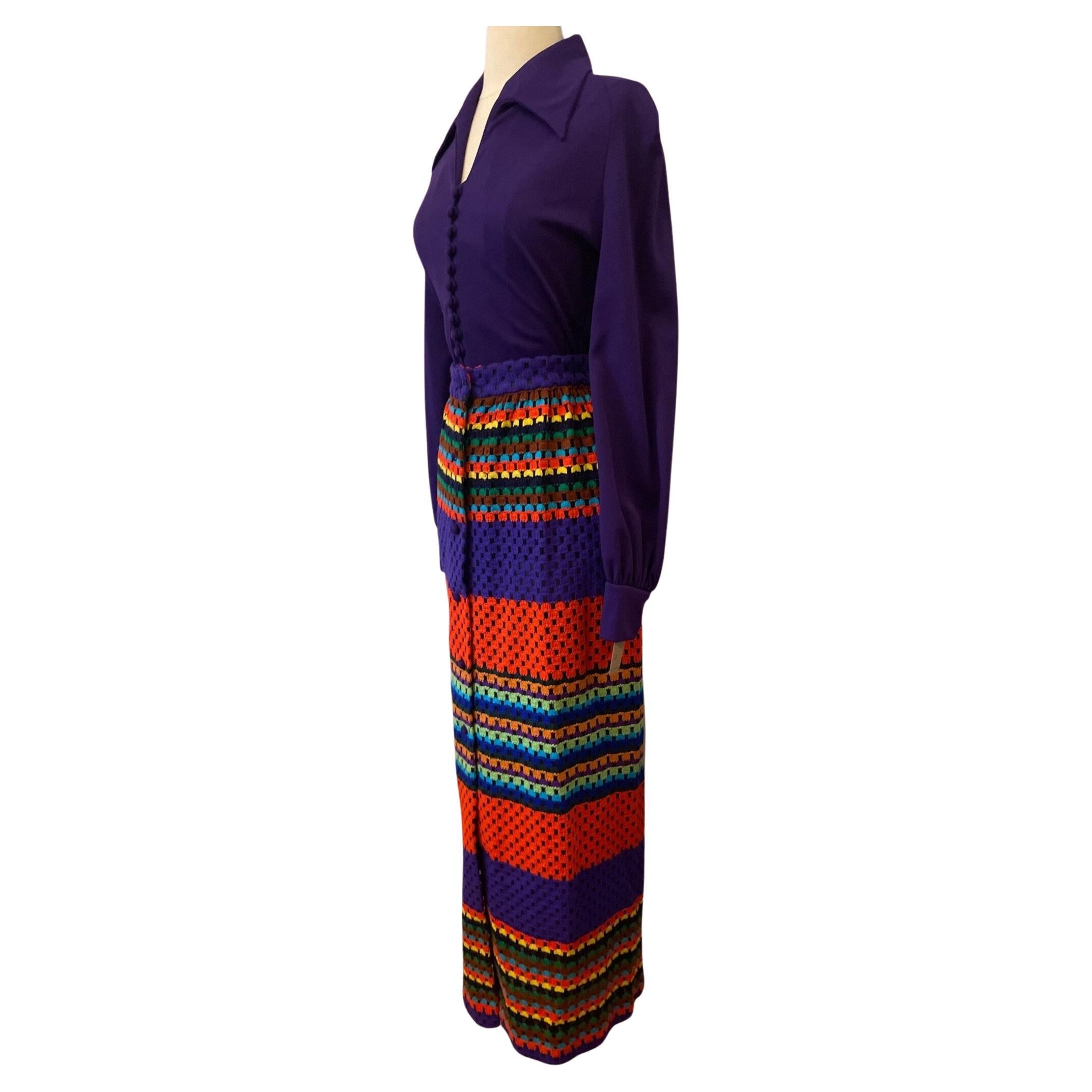Women's Purple Bodysuit and Rainbow Maxi Skirt 2 Piece Ensemble, Circa 1970s For Sale