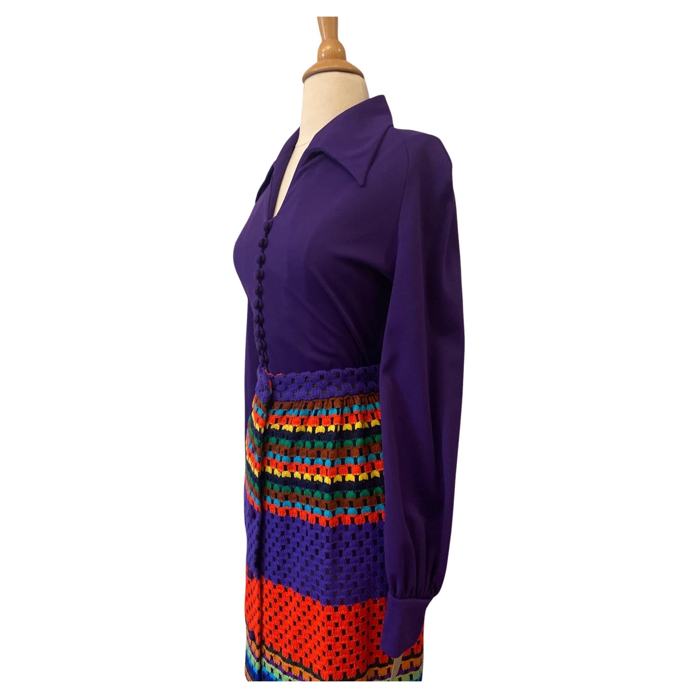 Women's Purple Bodysuit and Rainbow Maxi Skirt 2 Piece Ensemble, Circa 1970s For Sale
