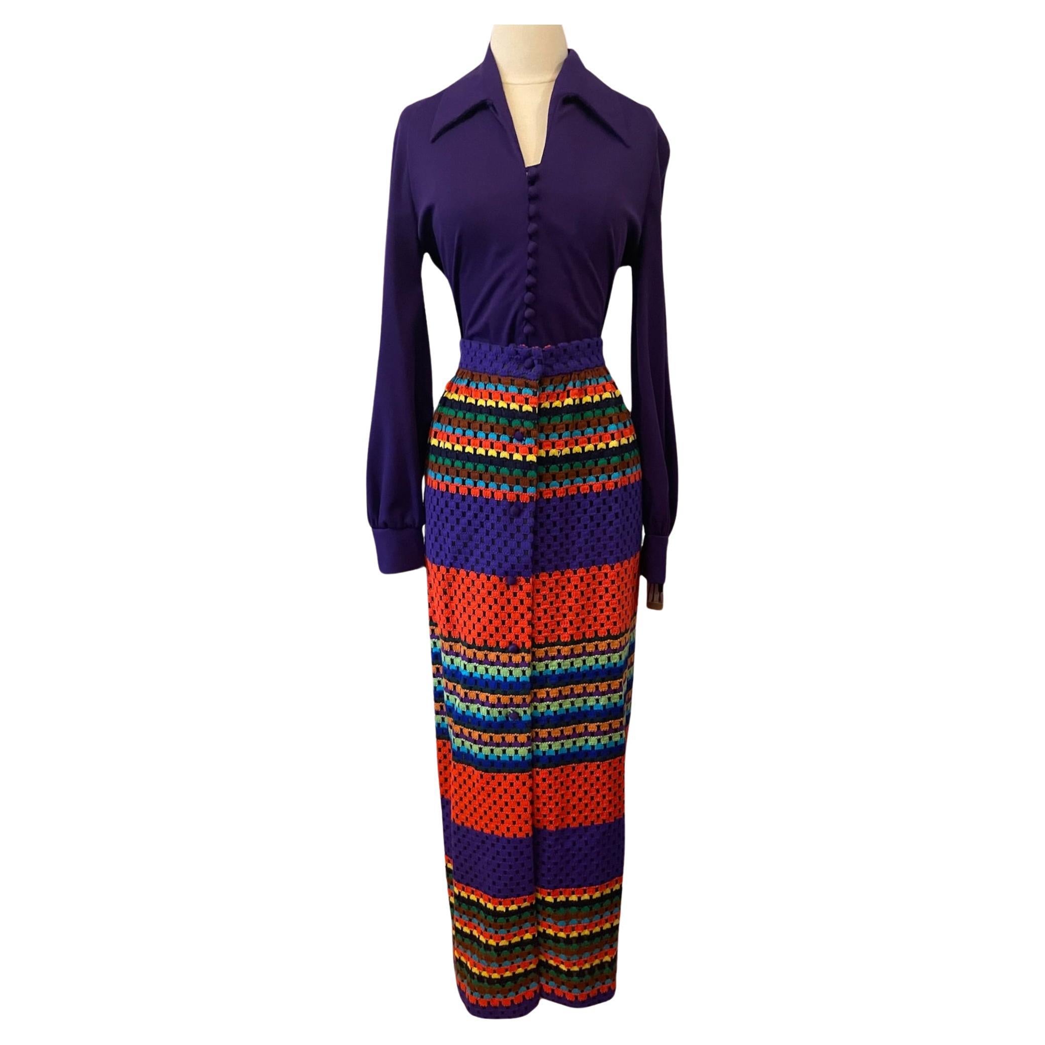 Purple Bodysuit and Rainbow Maxi Skirt 2 Piece Ensemble, Circa 1970s For Sale