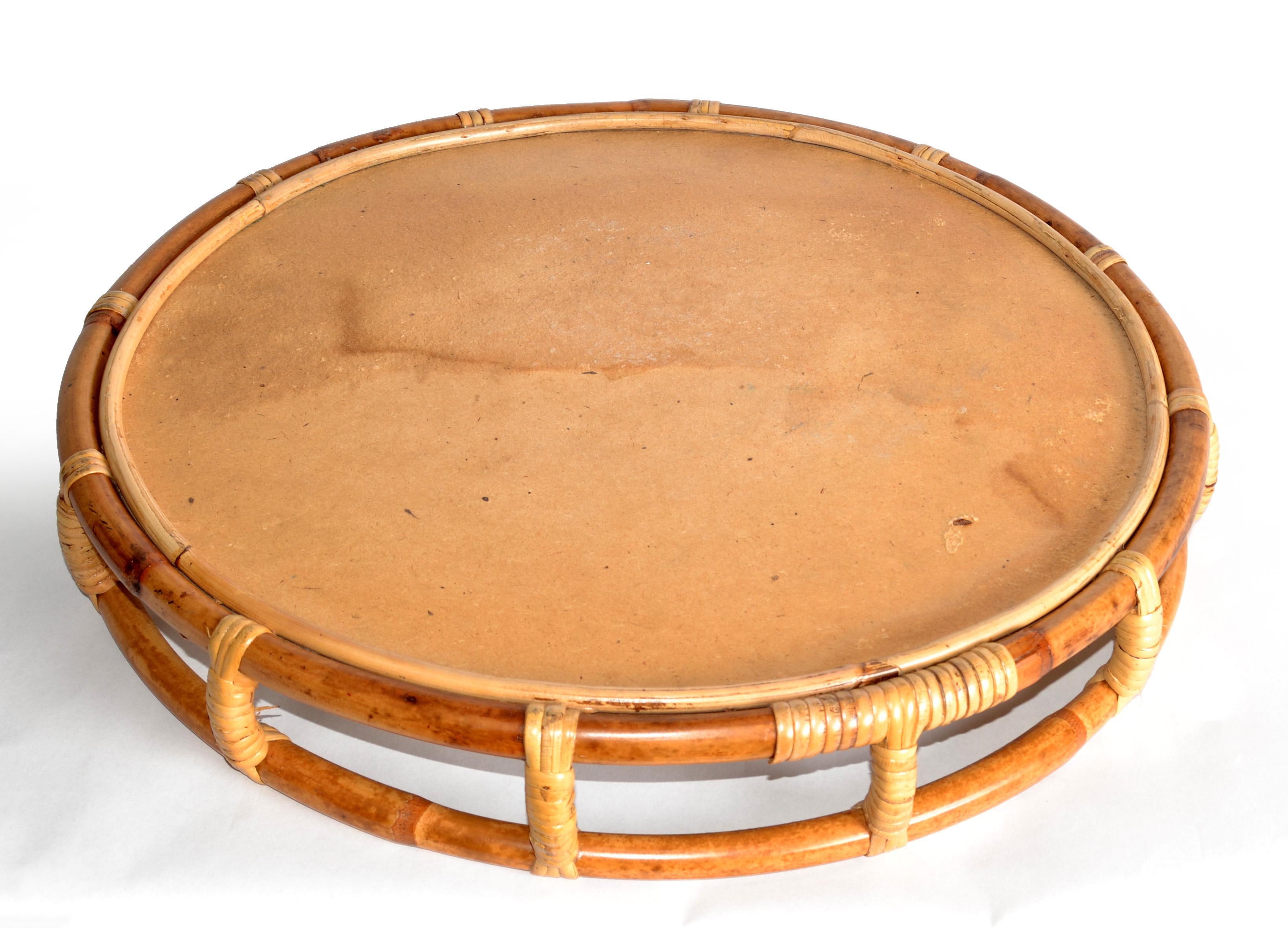 1970s Bohemian Handmade Round Bamboo Caning Serving Tray Mid-Century Modern For Sale 6