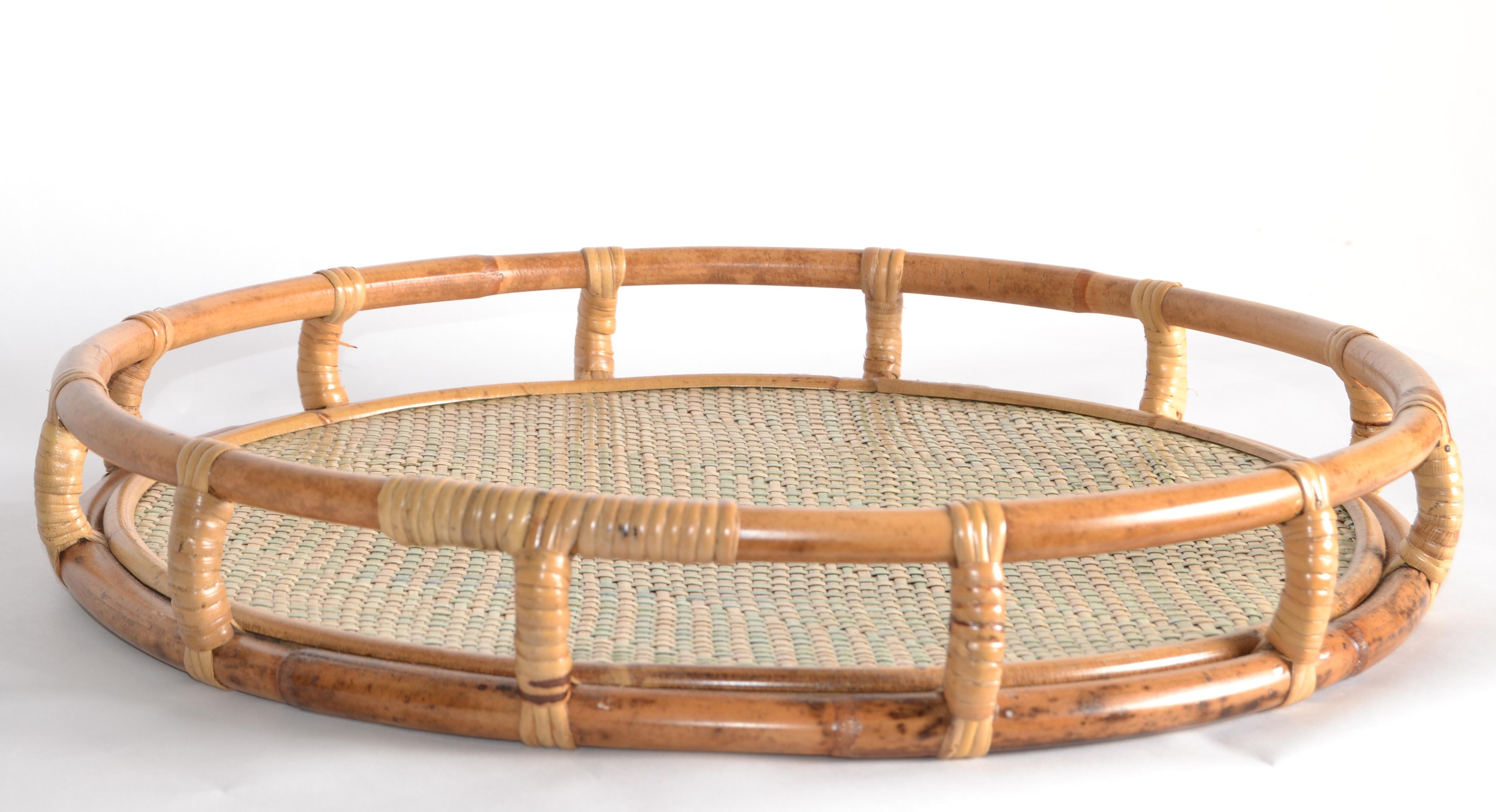 1970s Bohemian Handmade Round Bamboo Caning Serving Tray Mid-Century Modern For Sale 7