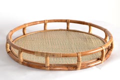 1970s Bohemian Handmade Round Bamboo Caning Serving Tray Mid-Century Modern
