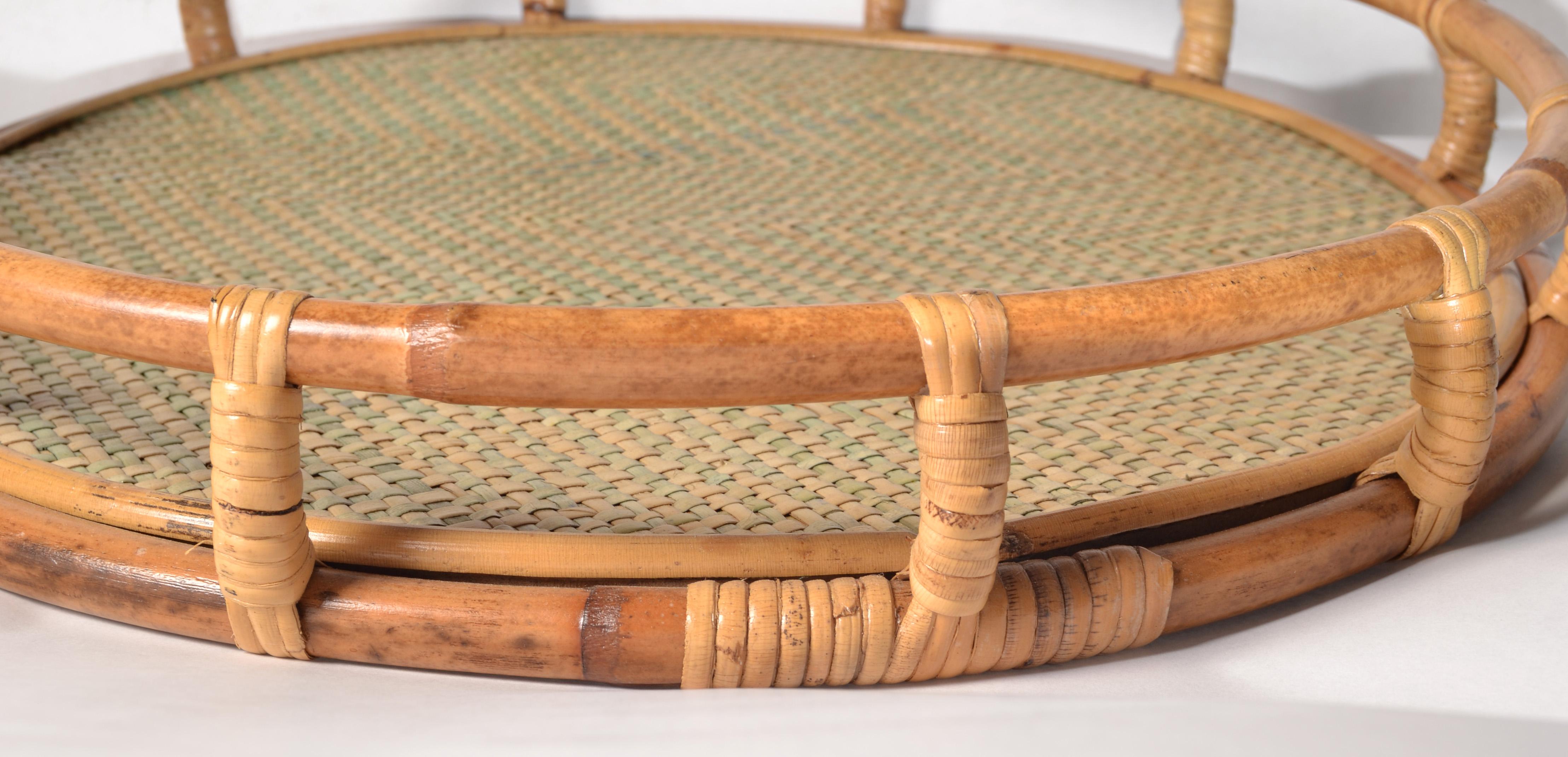Late 20th Century 1970s Bohemian Handmade Round Bamboo Caning Serving Tray Mid-Century Modern For Sale
